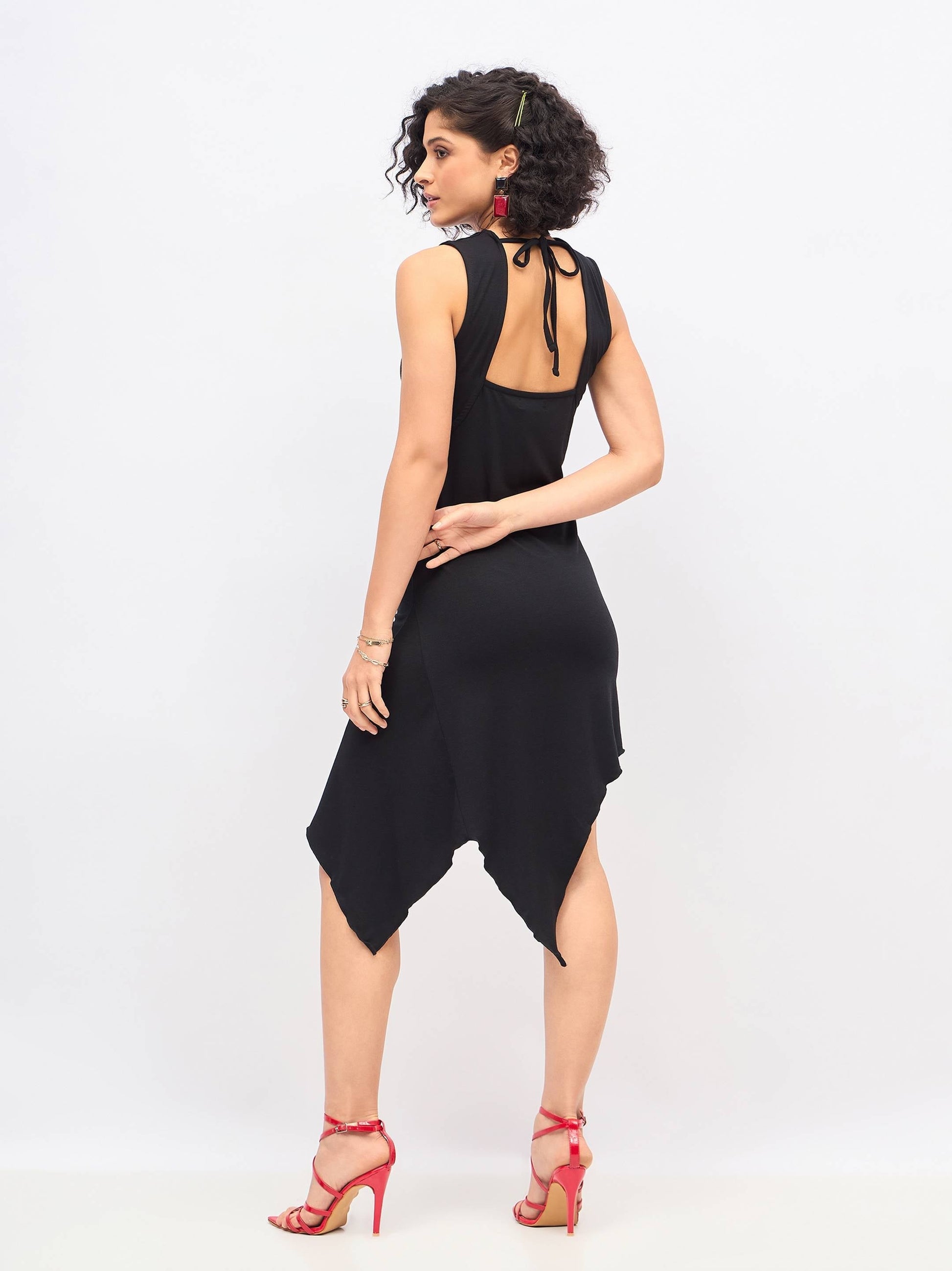 Black Asymmetric Back Cut-Out Dress-SASSAFRAS