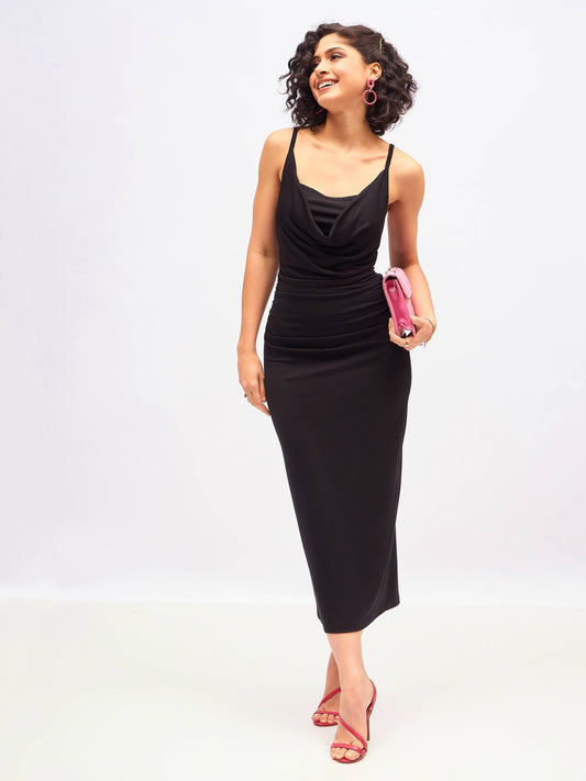 Black Cowl Neck Bodycon Maxi Dress-SASSAFRAS