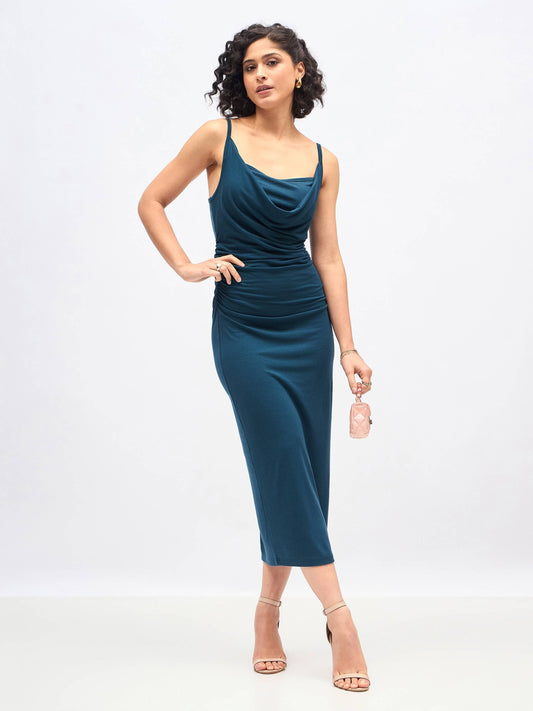 Teal Cowl Neck Bodycon Maxi Dress-SASSAFRAS