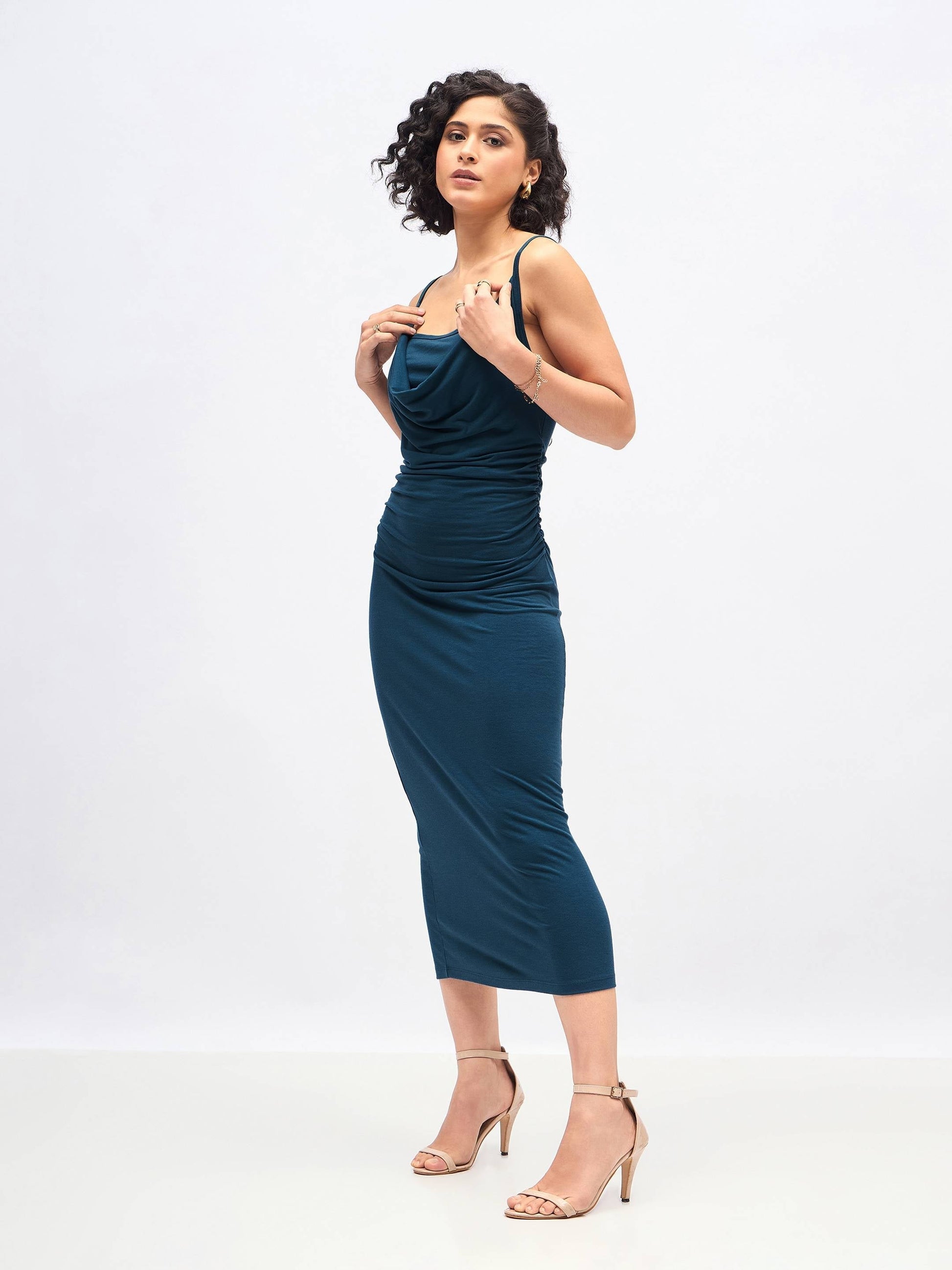 Teal Cowl Neck Bodycon Maxi Dress-SASSAFRAS