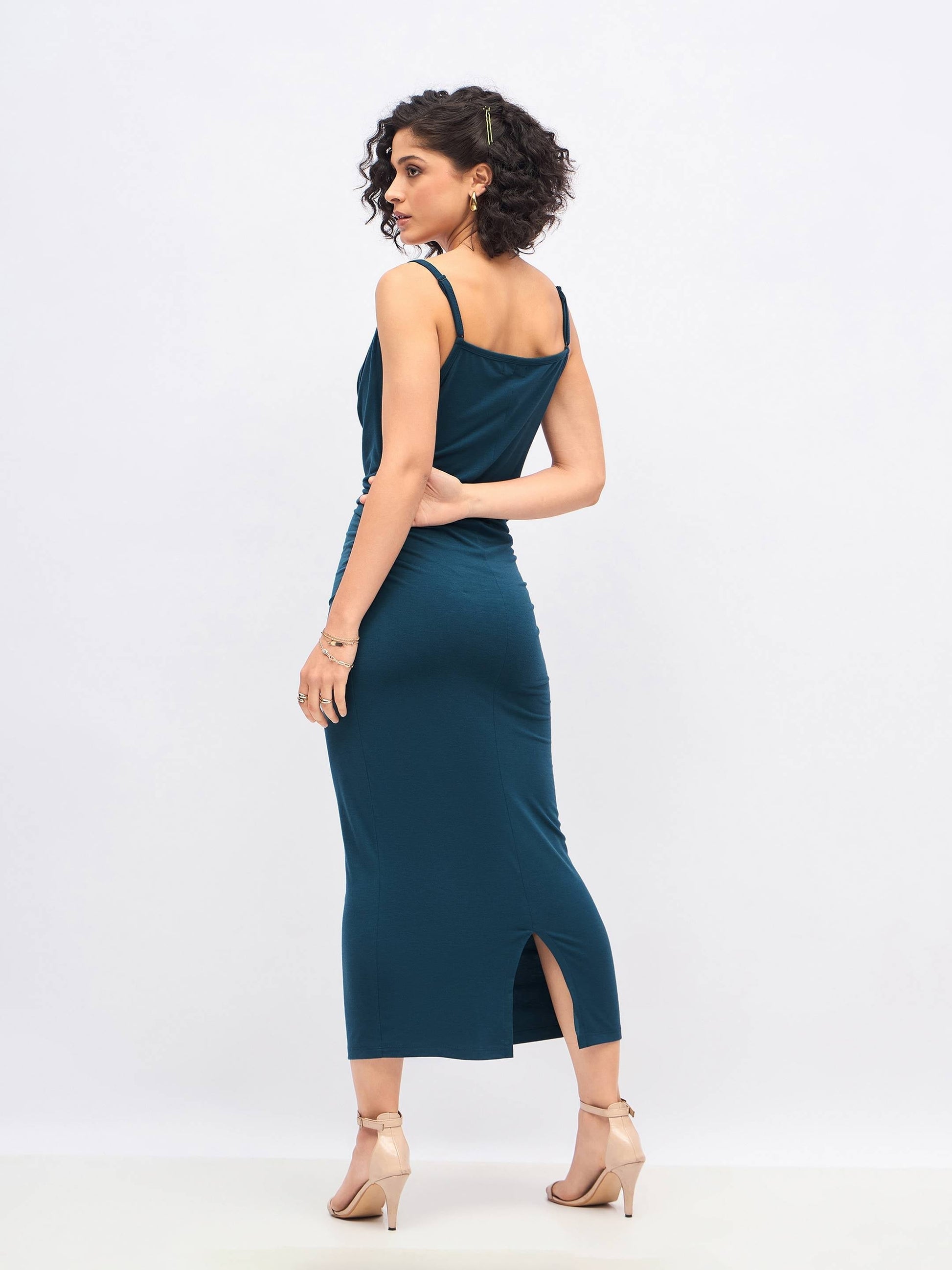 Teal Cowl Neck Bodycon Maxi Dress-SASSAFRAS