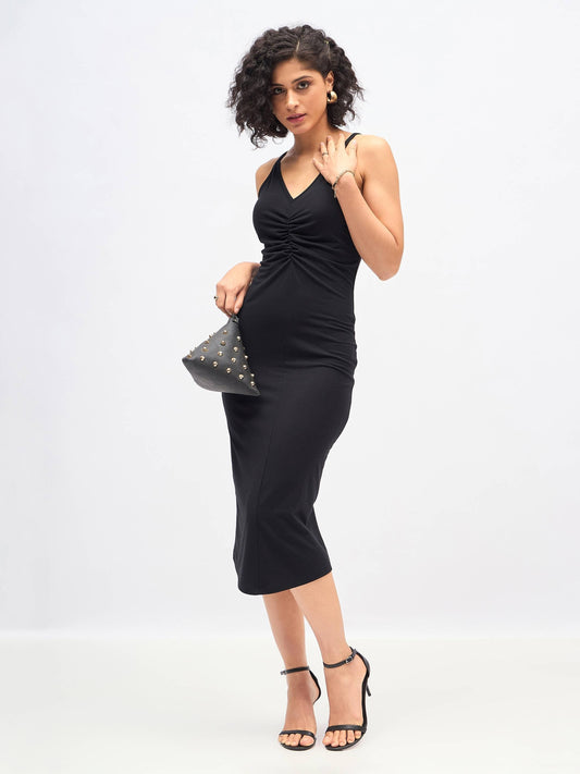 Black Strappy Front Ruched Dress-SASSAFRAS