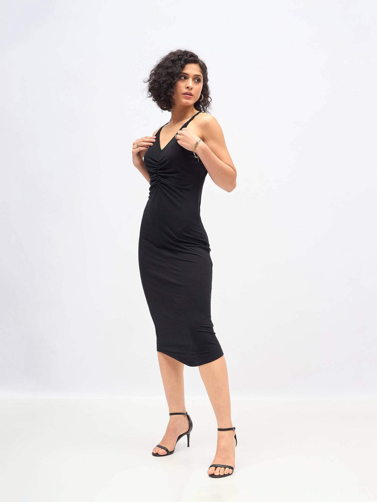 Black Strappy Front Ruched Dress-SASSAFRAS