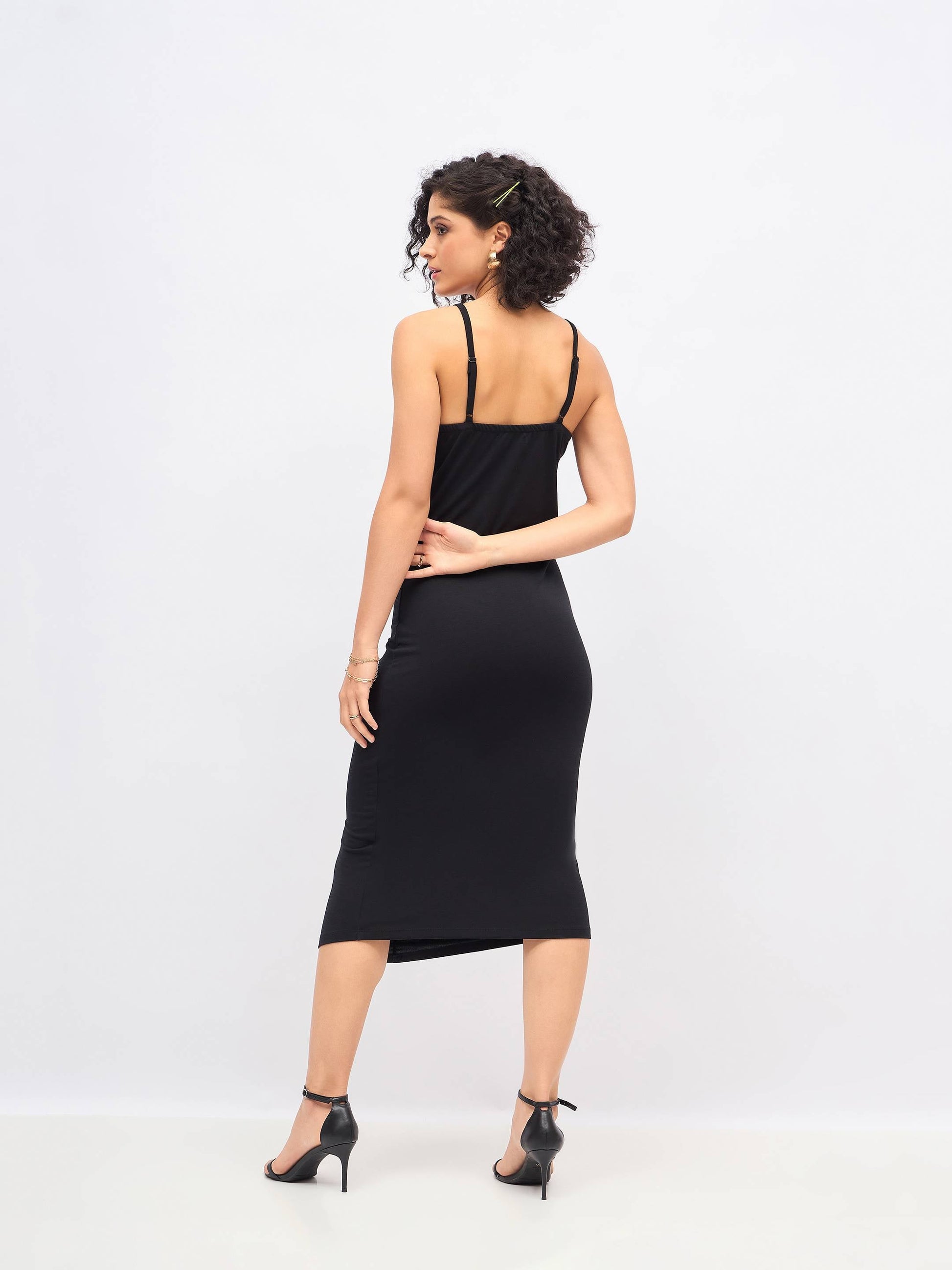 Black Strappy Front Ruched Dress-SASSAFRAS