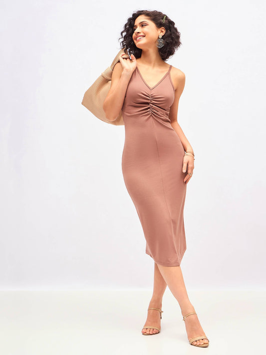 Brown Strappy Front Ruched Dress-SASSAFRAS