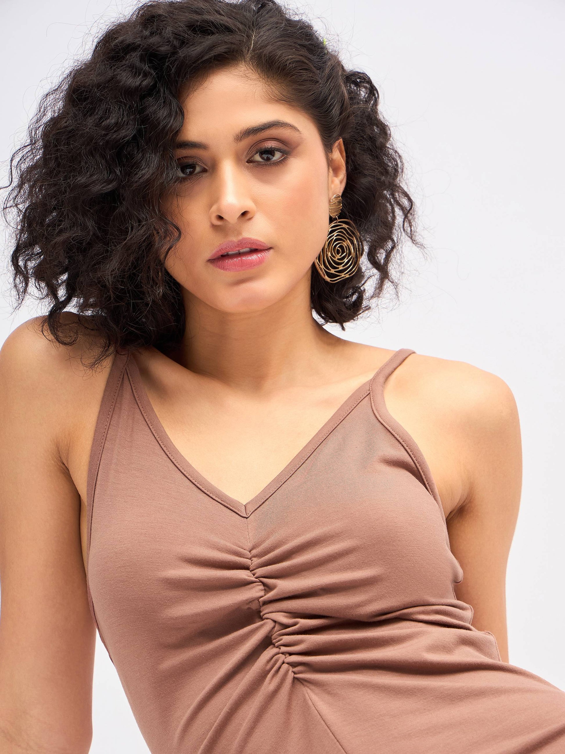 Brown Strappy Front Ruched Dress-SASSAFRAS