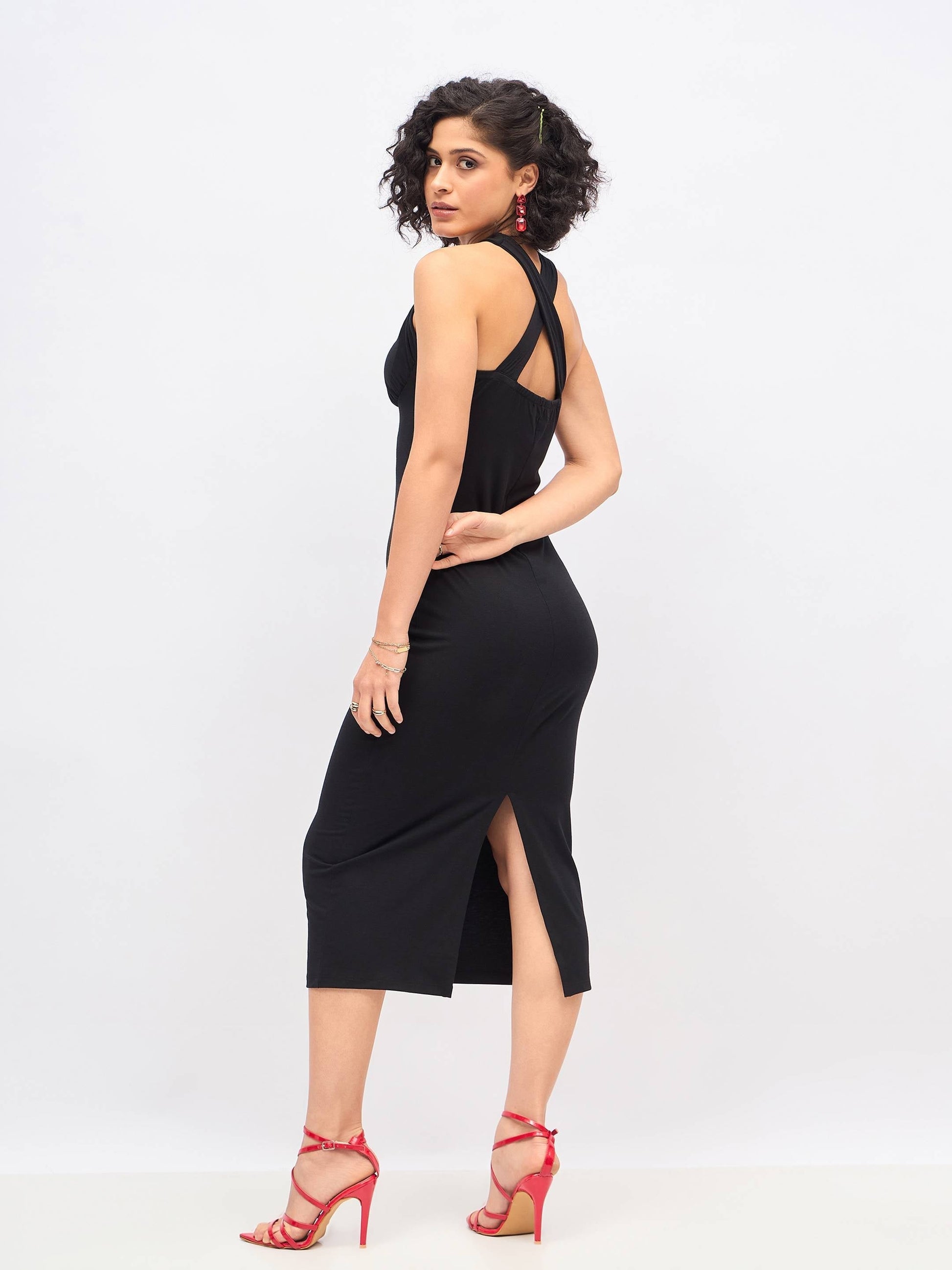 Black Halter Neck Bodycon Dress-SASSAFRAS