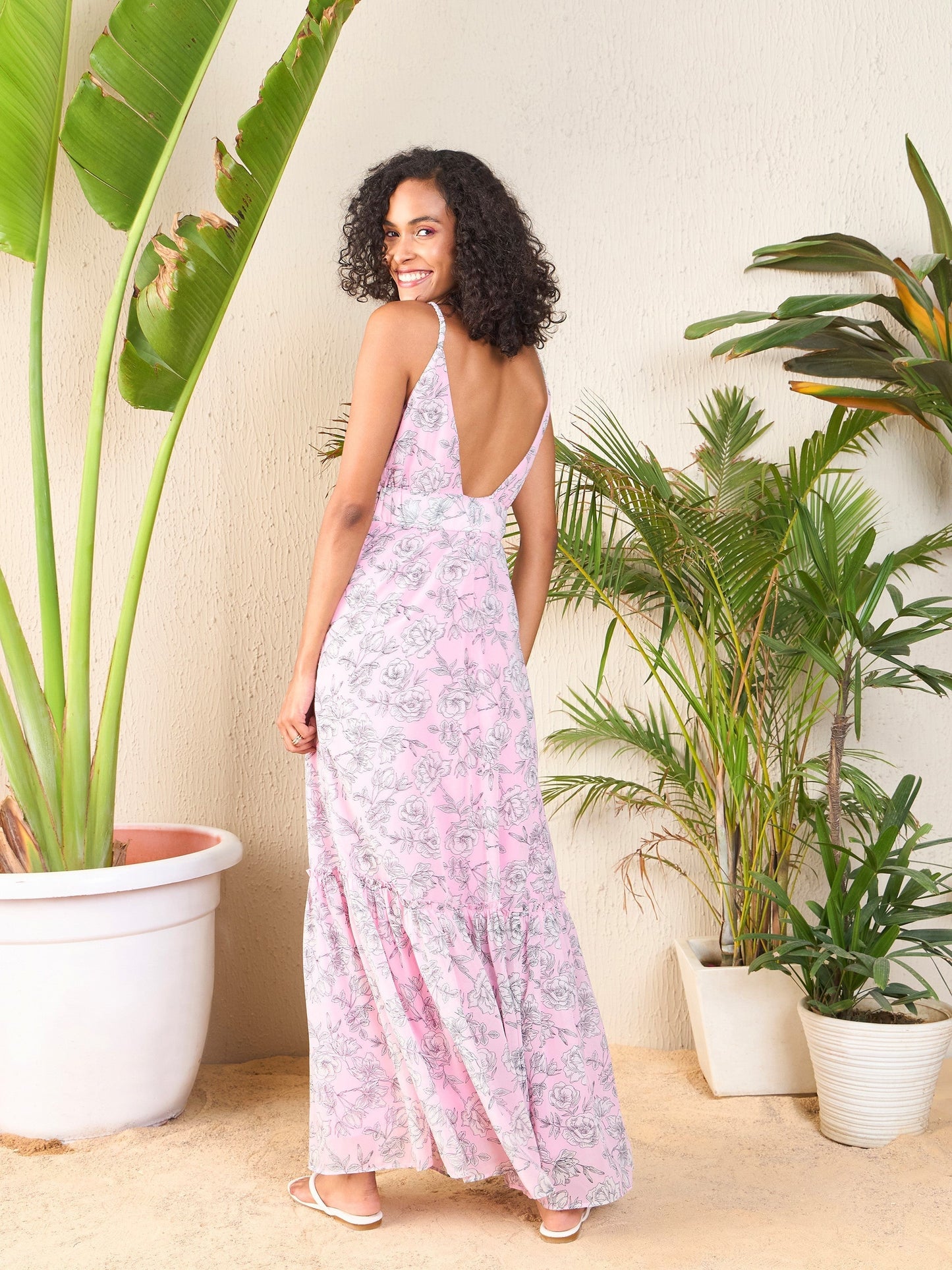 Pink Floral Strappy Wrap Neck Maxi Dress-SASSAFRAS
