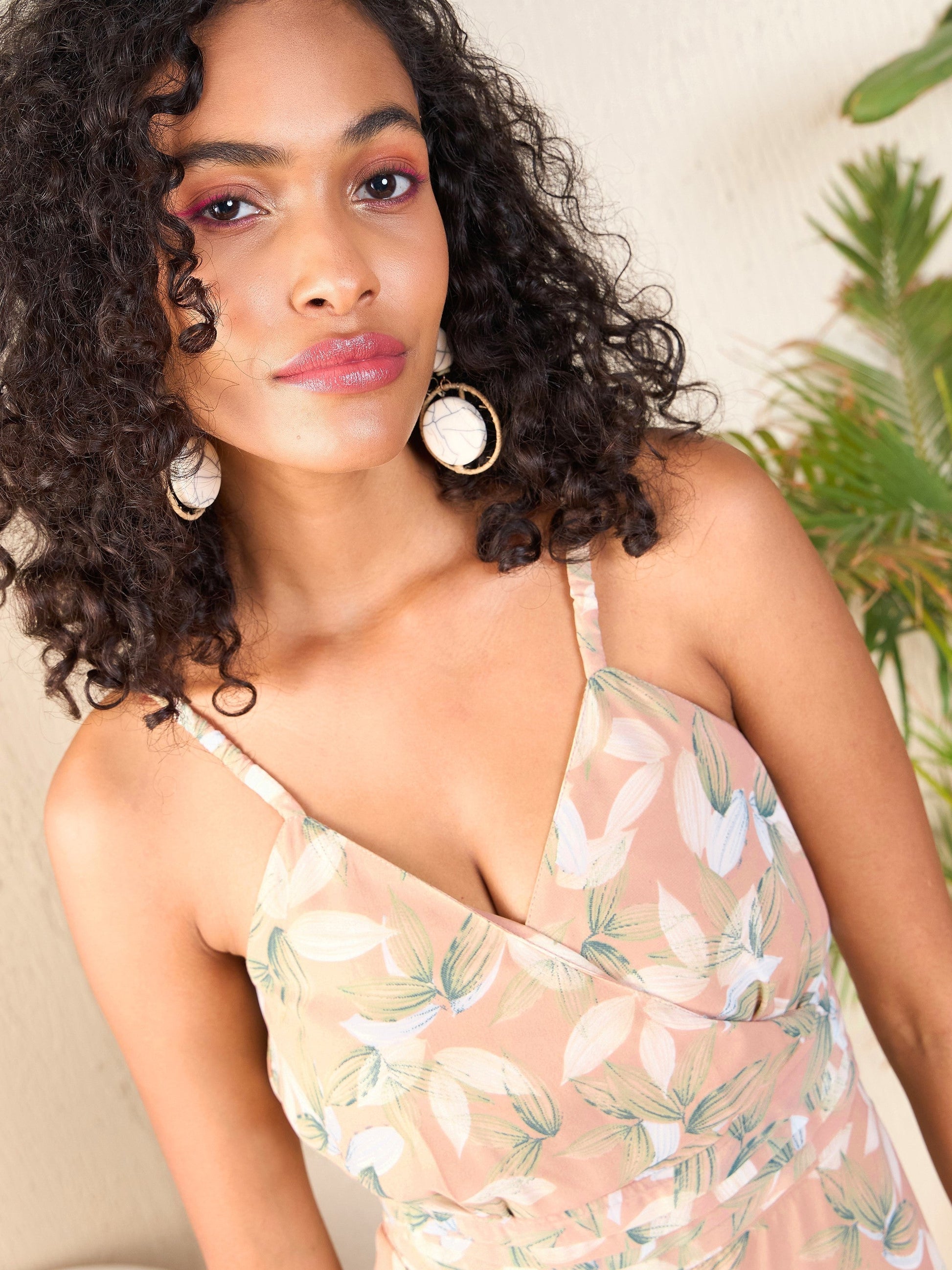 Nude Floral Strappy Wrap Neck Maxi Dress-SASSAFRAS