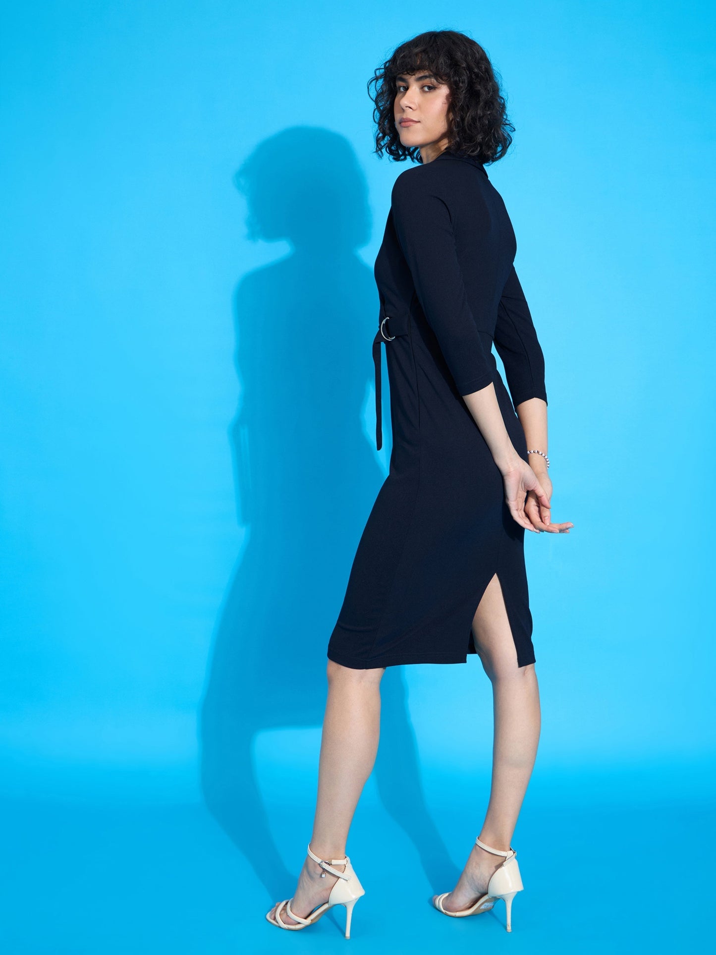 Navy Front Wrap Bodycon Midi Dress-SASSAFRAS worklyf