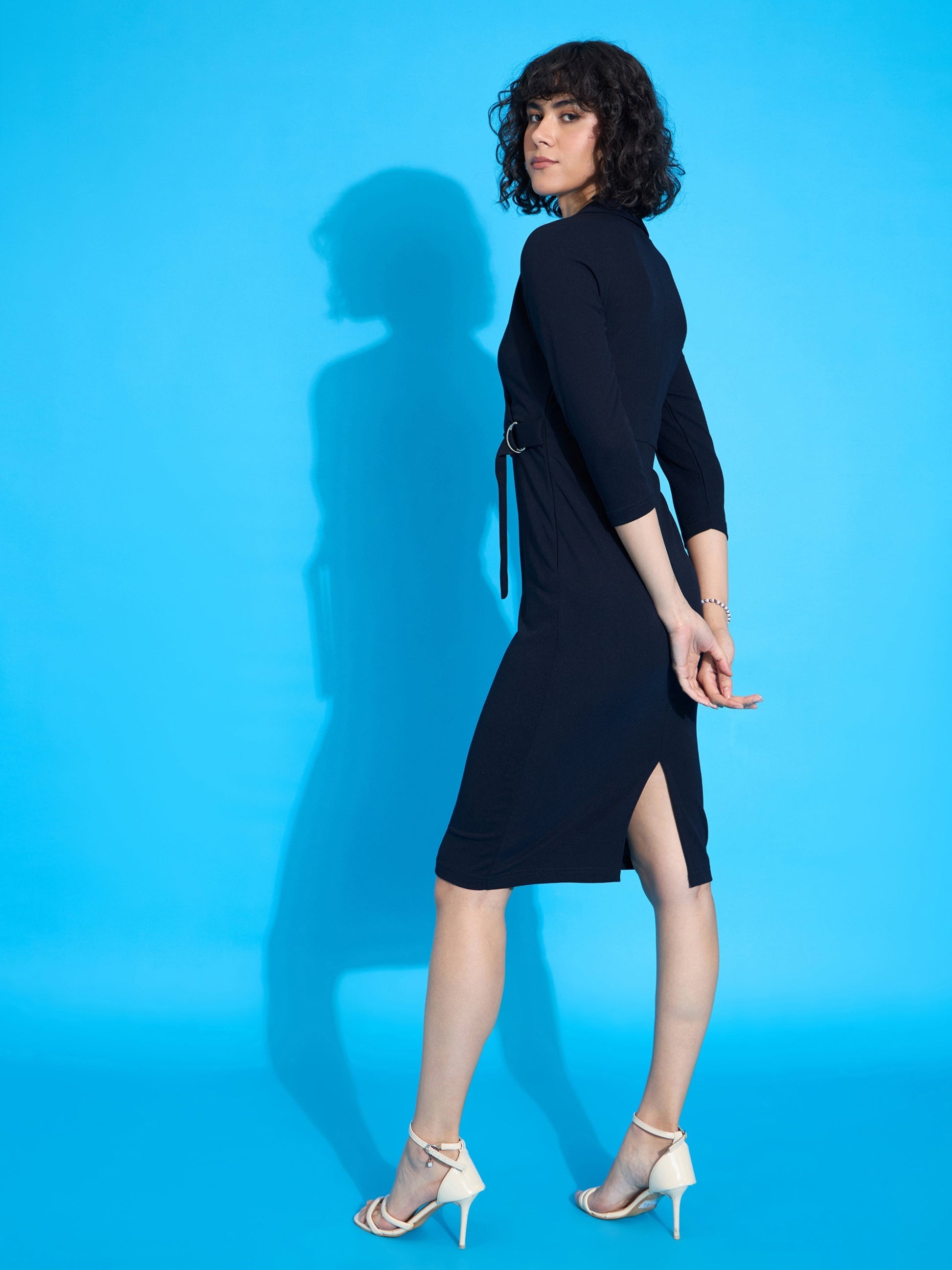 Navy Front Wrap Bodycon Midi Dress-SASSAFRAS worklyf