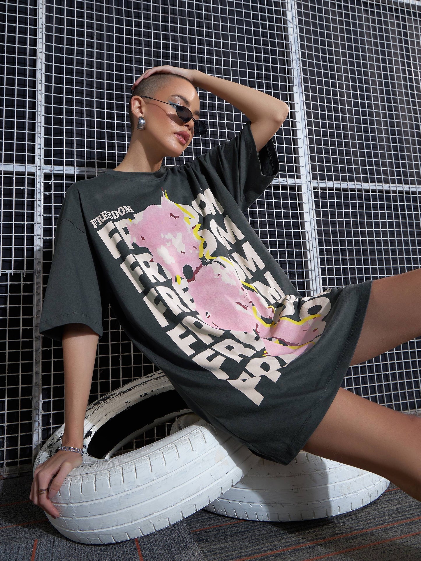 Women Grey Freedom Printed Oversized T-Shirt Dress