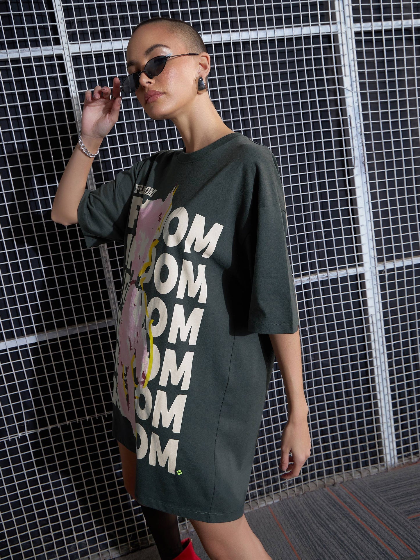 Women Grey Freedom Printed Oversized T-Shirt Dress