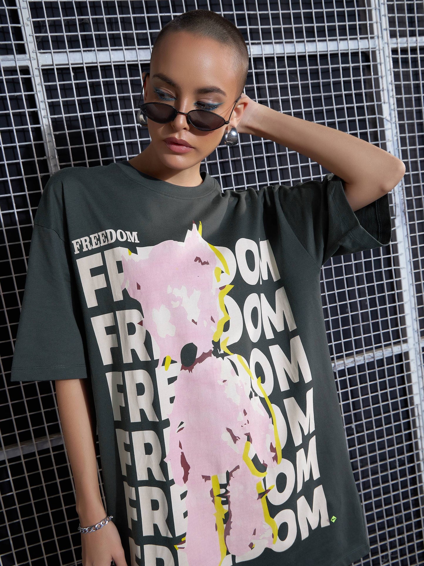 Women Grey Freedom Printed Oversized T-Shirt Dress