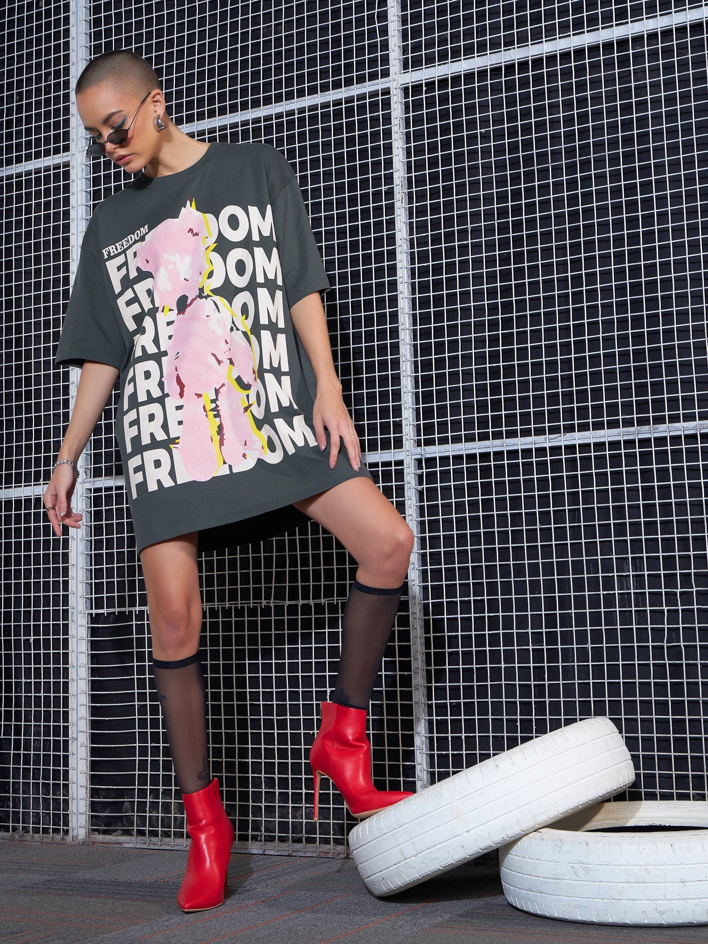 Women Grey Freedom Printed Oversized T-Shirt Dress