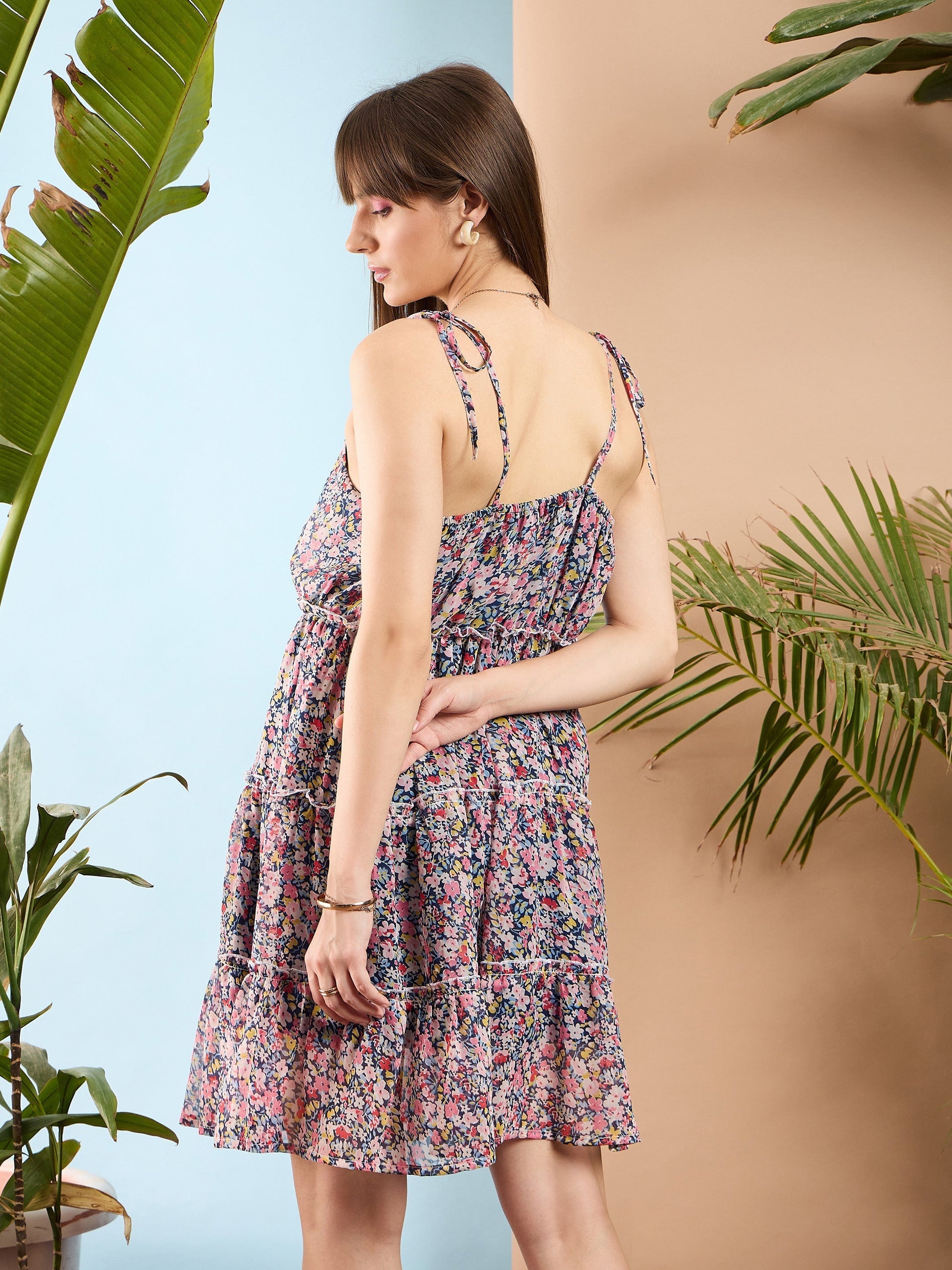 Navy Ditsy Floral Strappy Short Ruffle Dress-SASSAFRAS