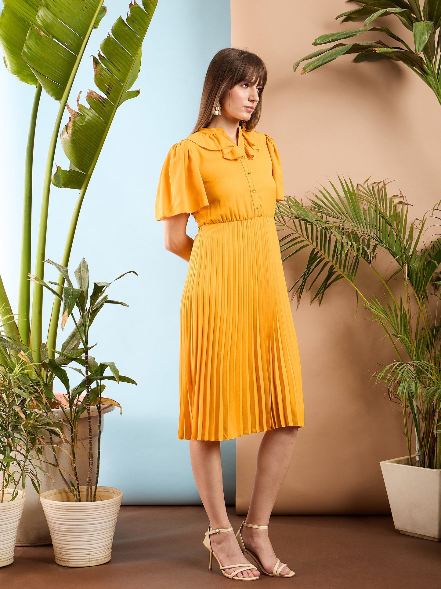 Mustard Frill Neck Accordion Pleated Midi Dress-SASSAFRAS