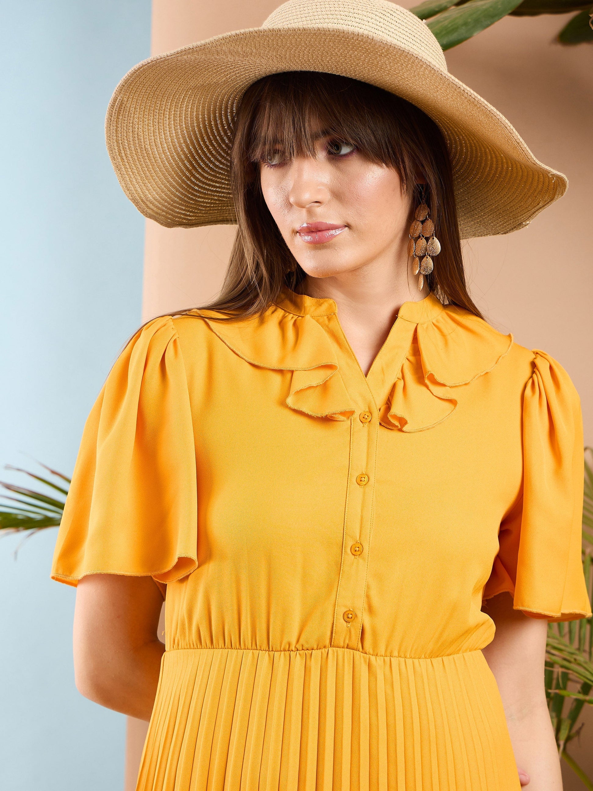 Mustard Frill Neck Accordion Pleated Midi Dress-SASSAFRAS