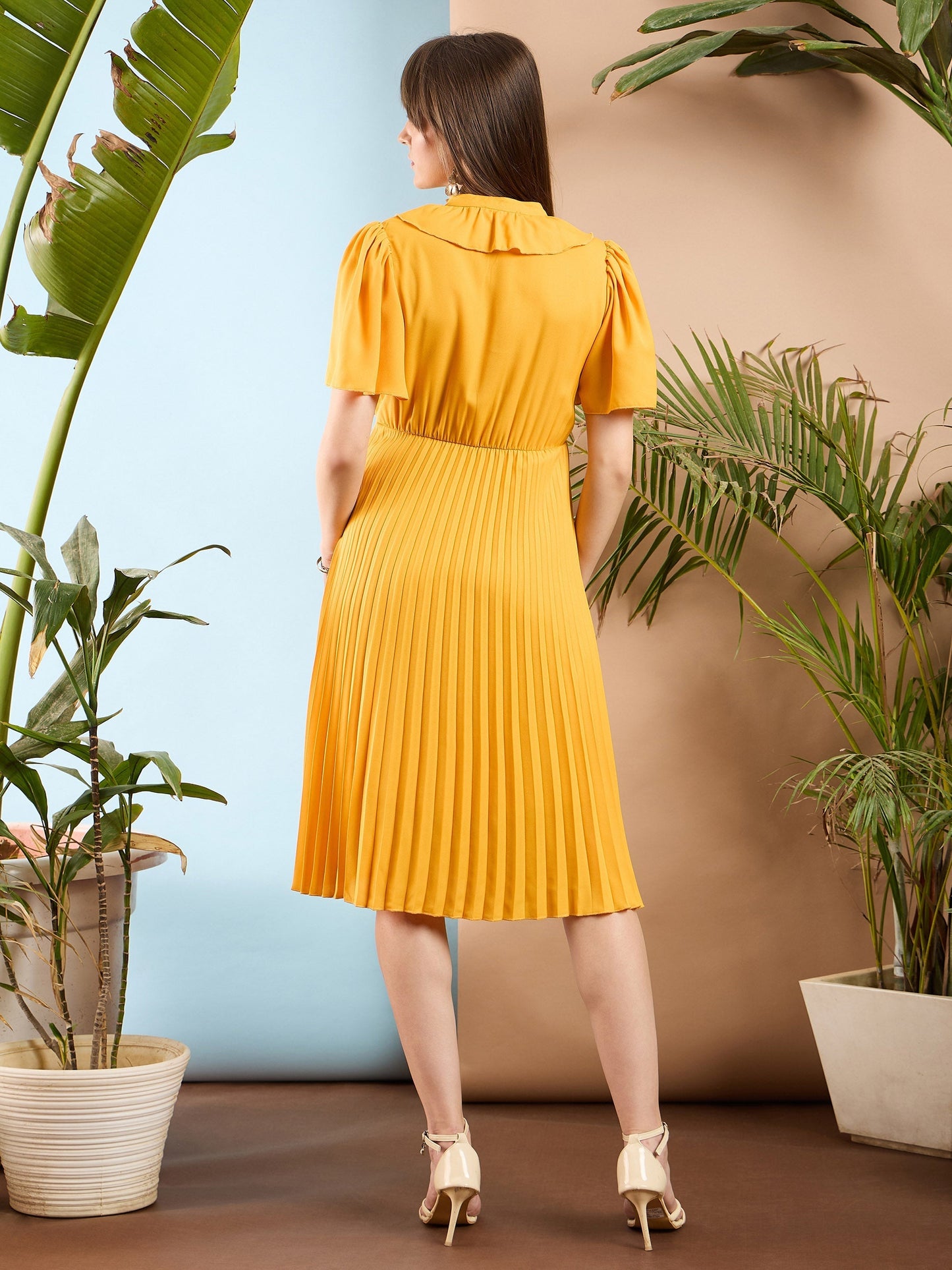 Mustard Frill Neck Accordion Pleated Midi Dress-SASSAFRAS