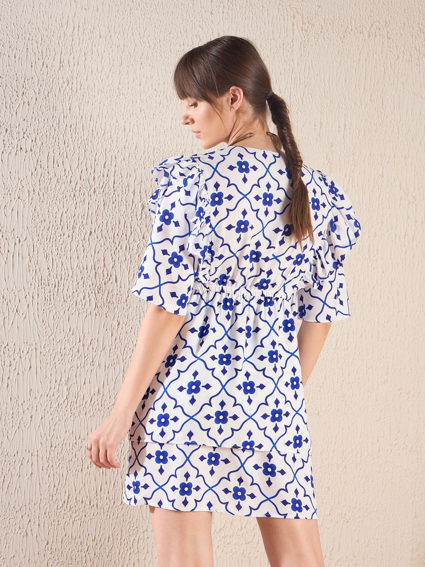 Women Navy Ethnic Print Layered Hem Dress