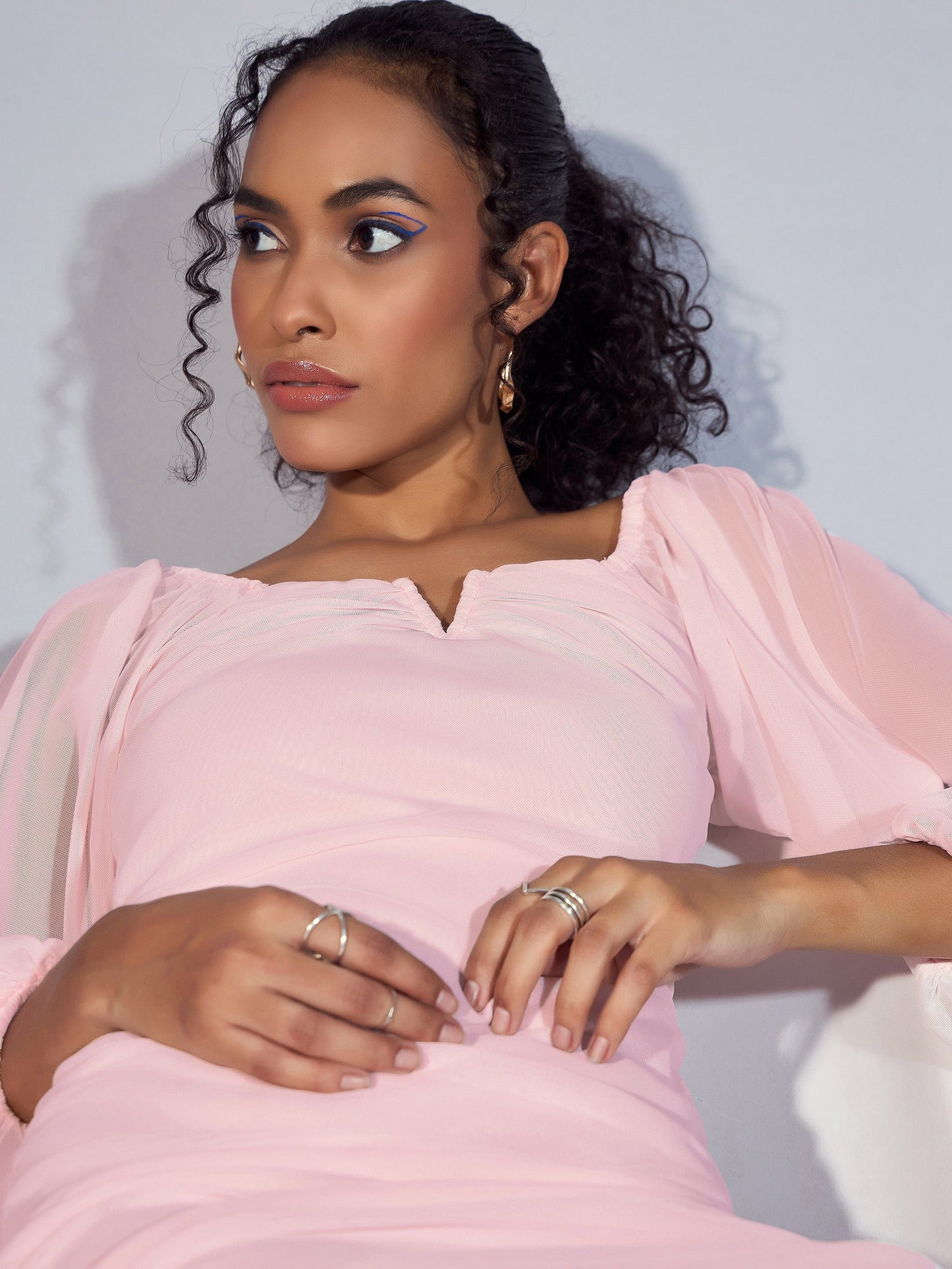 Women Pink Mesh Full Sleeve Rached Midi Dress