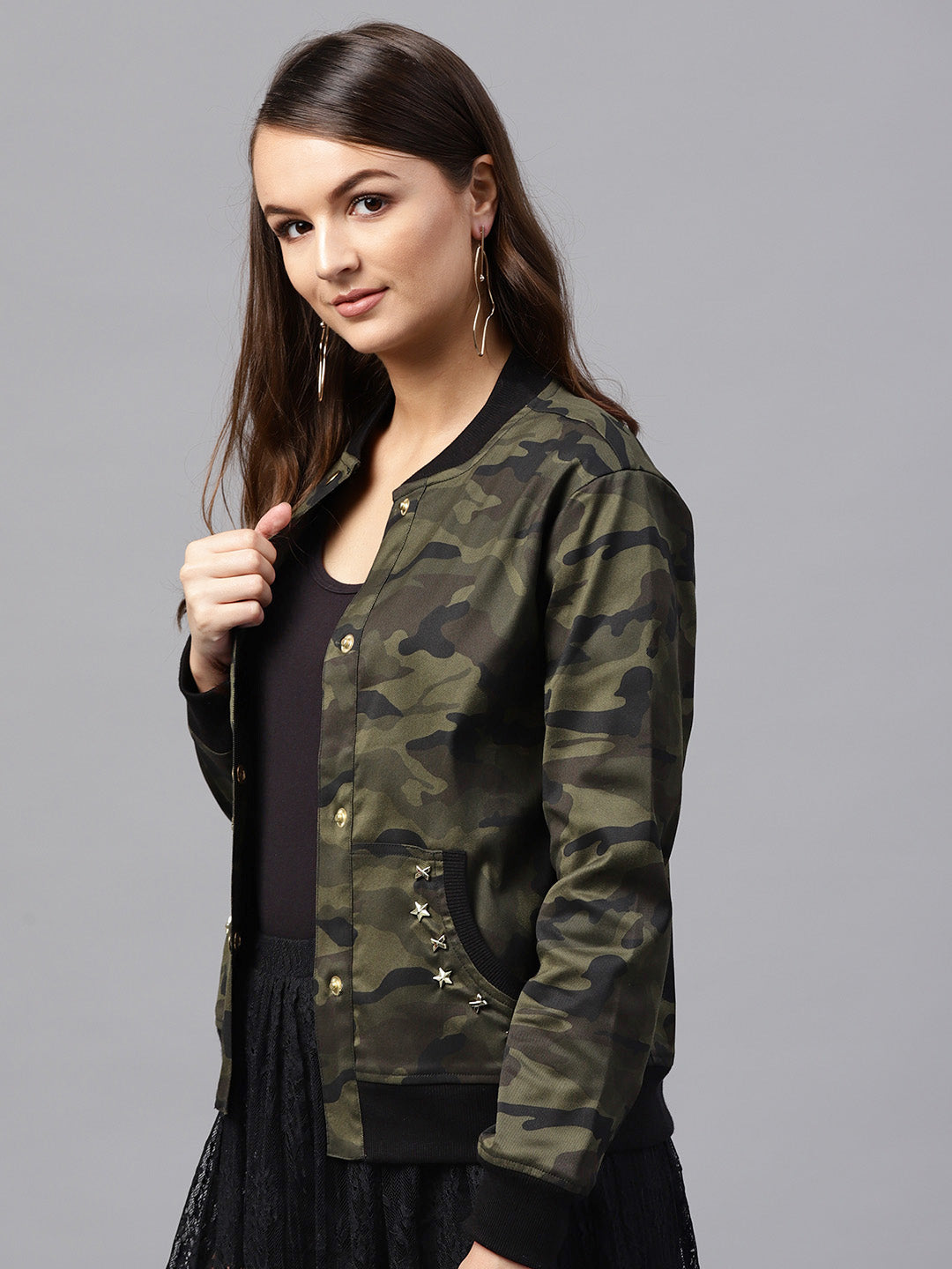Women Green Camouflage Bomber Jacket