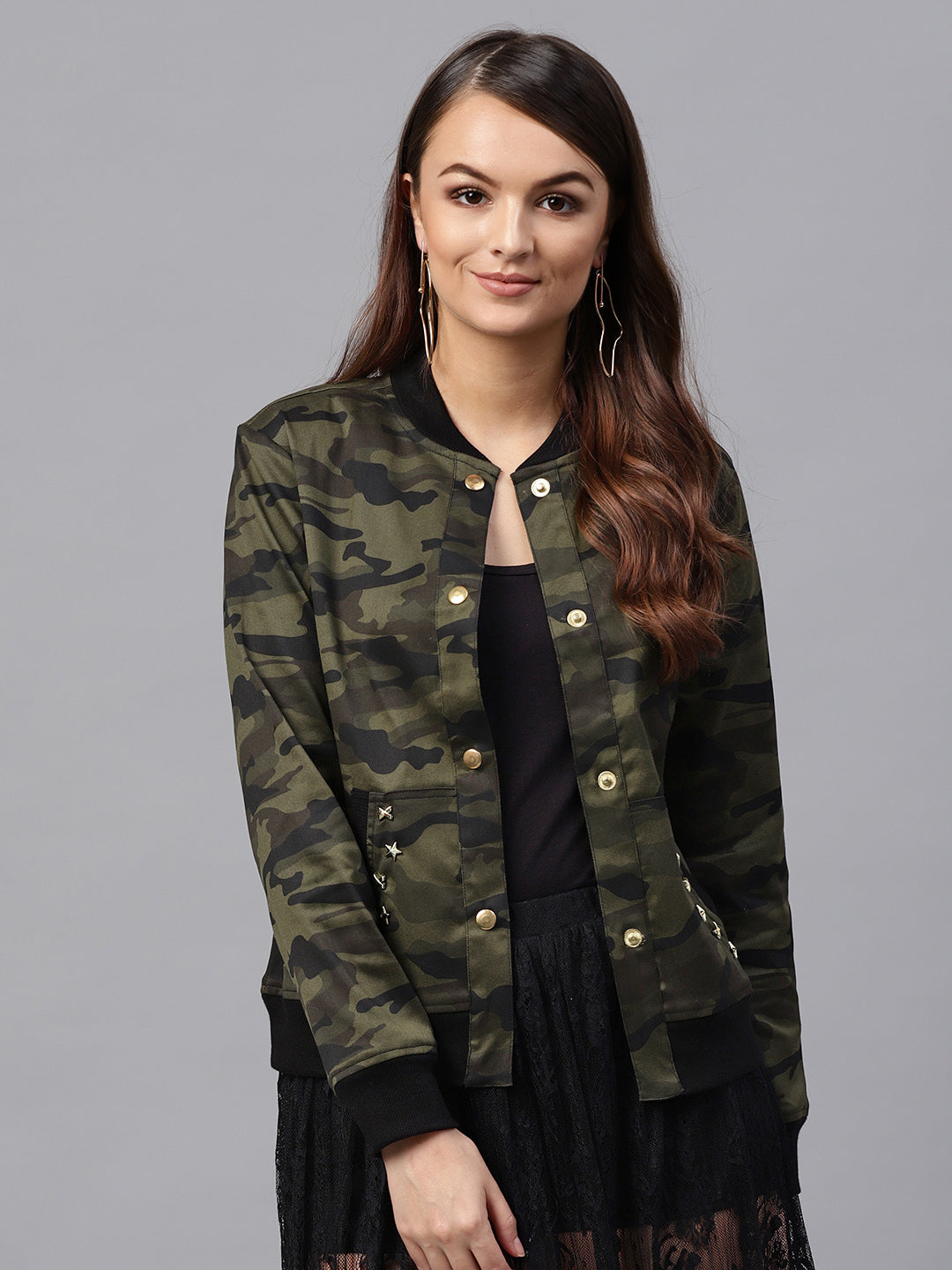 Women Green Camouflage Bomber Jacket
