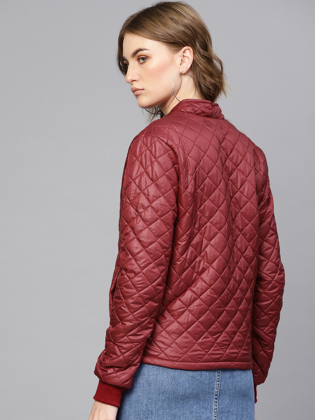 Women Burgundy Quilted Jacket