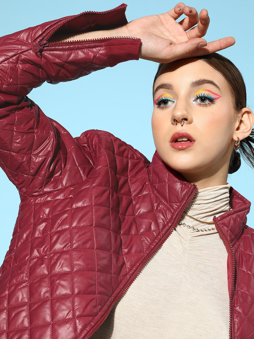 Burgundy Quilted Jacket With Zip On Sleeves-SASSAFRAS