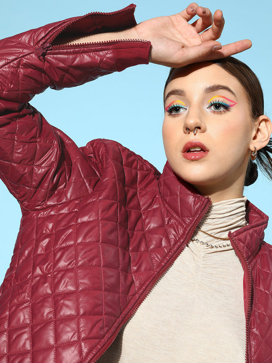 Burgundy Quilted Jacket With Zip On Sleeves-SASSAFRAS