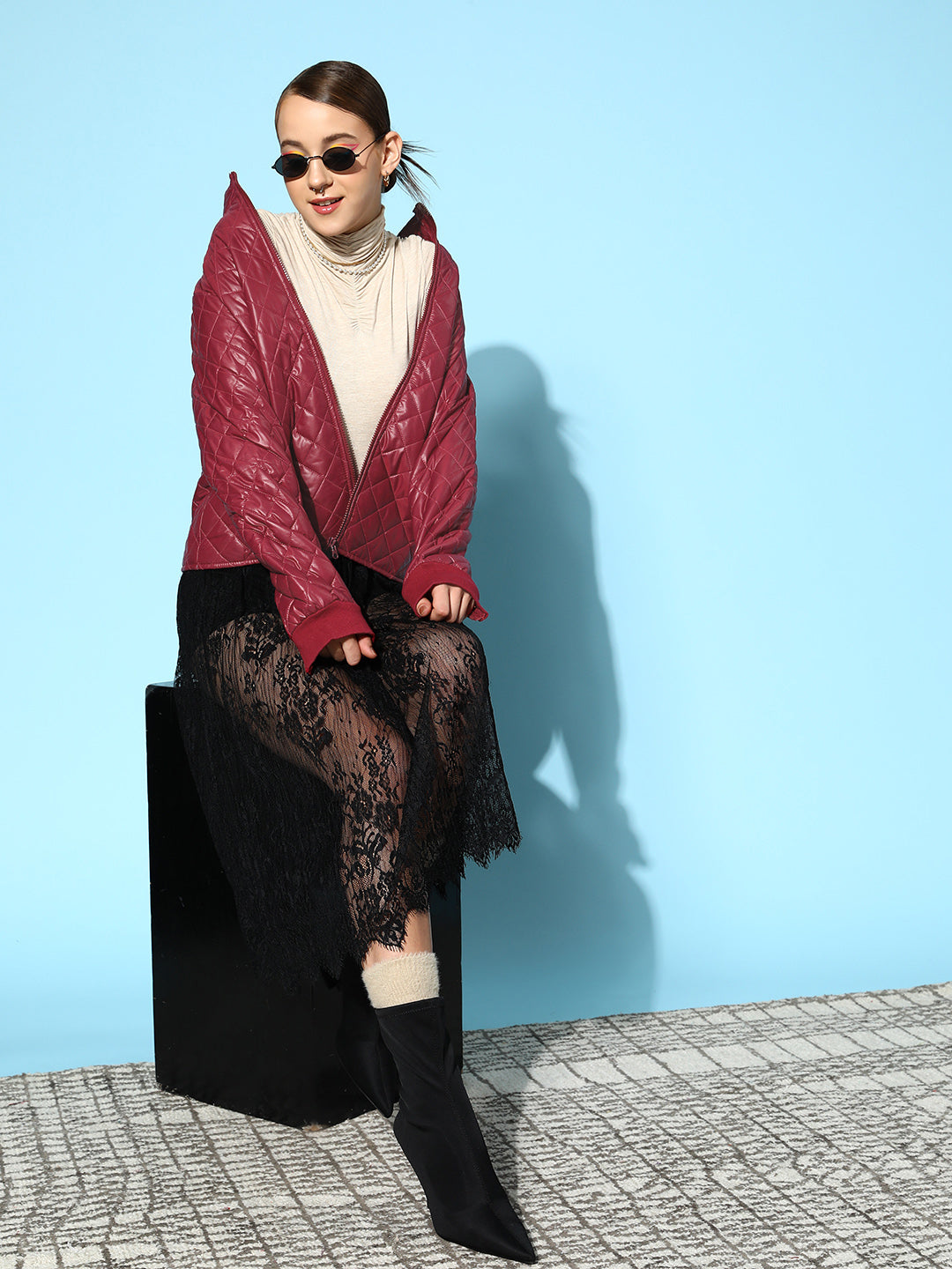 Burgundy Quilted Jacket With Zip On Sleeves-SASSAFRAS