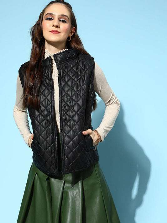 Black Quilted Sleeveless Hood Jacket-SASSAFRAS