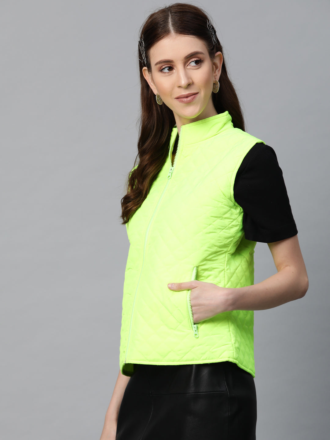 Women Neon Green Sleeveless Puffer Jacket