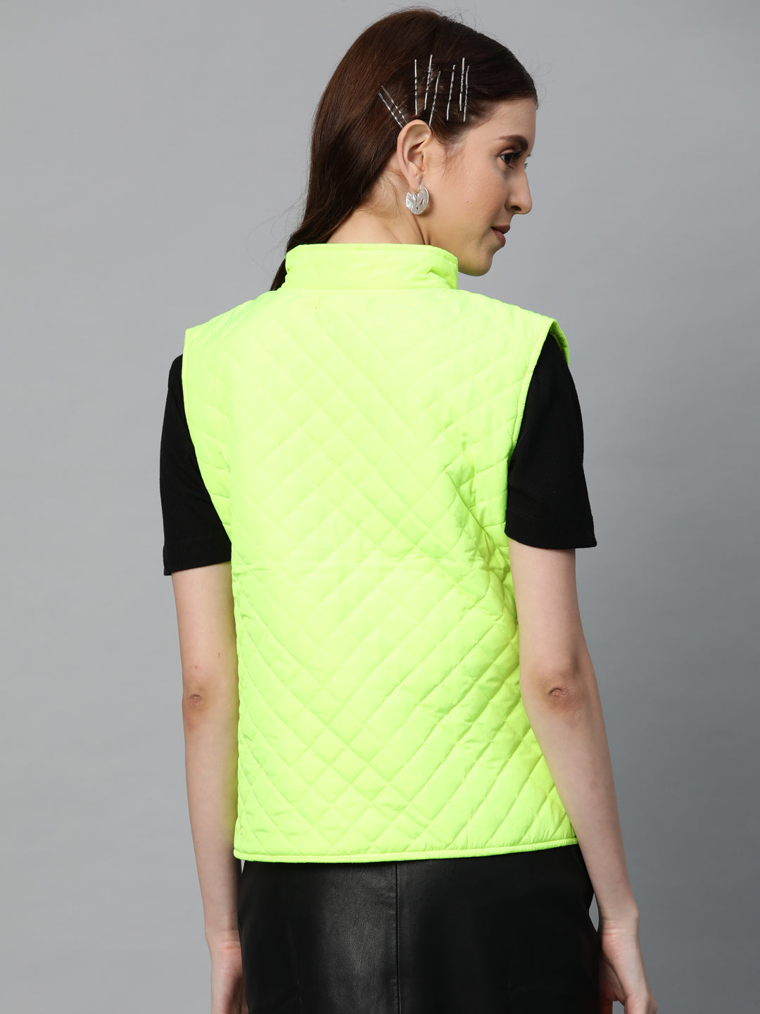 Women Neon Green Sleeveless Puffer Jacket