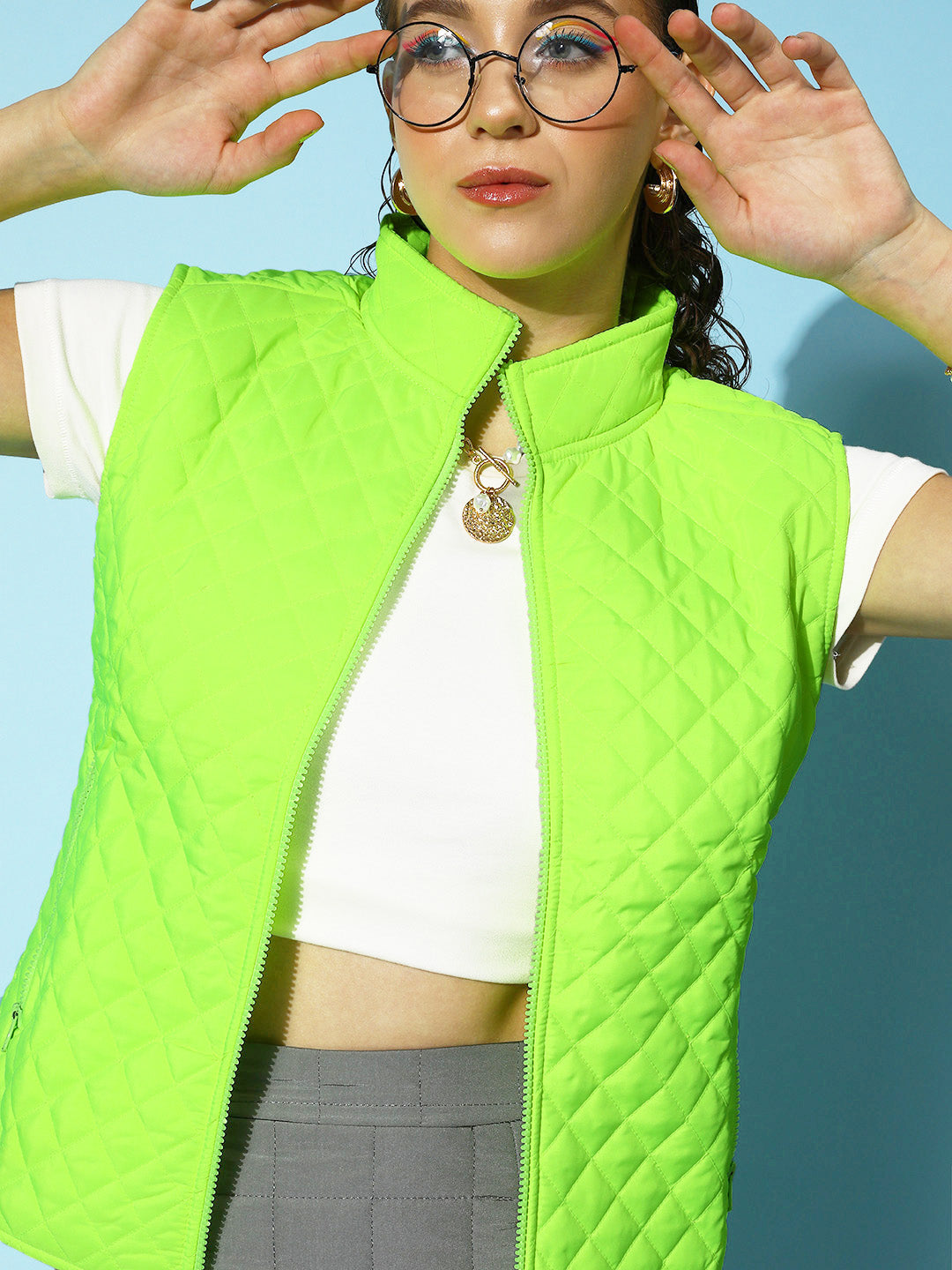 Neon Green Sleeveless Quilted Puffer Jacket-SASSAFRAS
