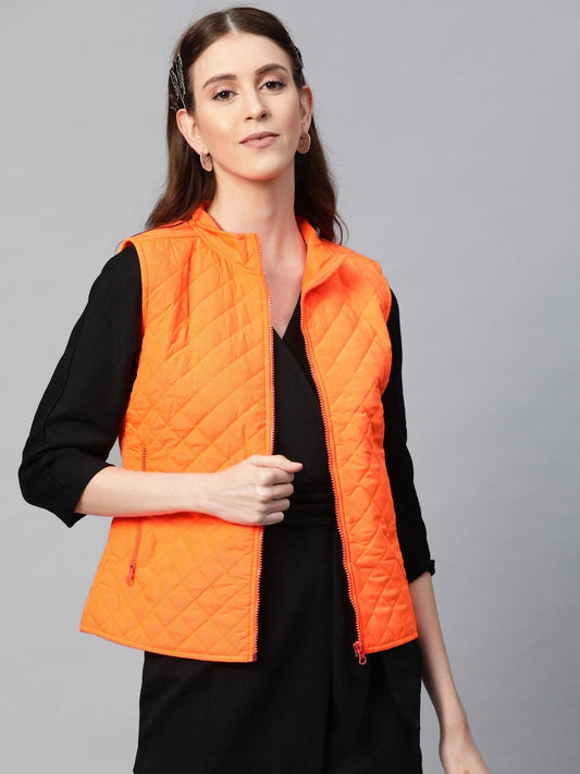 Neon Orange Sleeveless Quilted Puffer Jacket-Jackets-SASSAFRAS