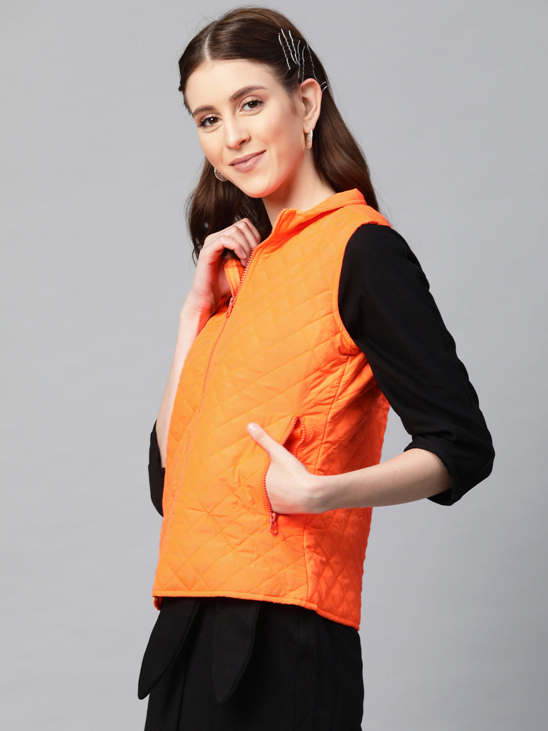 Women Neon Orange Sleeveless Puffer Jacket