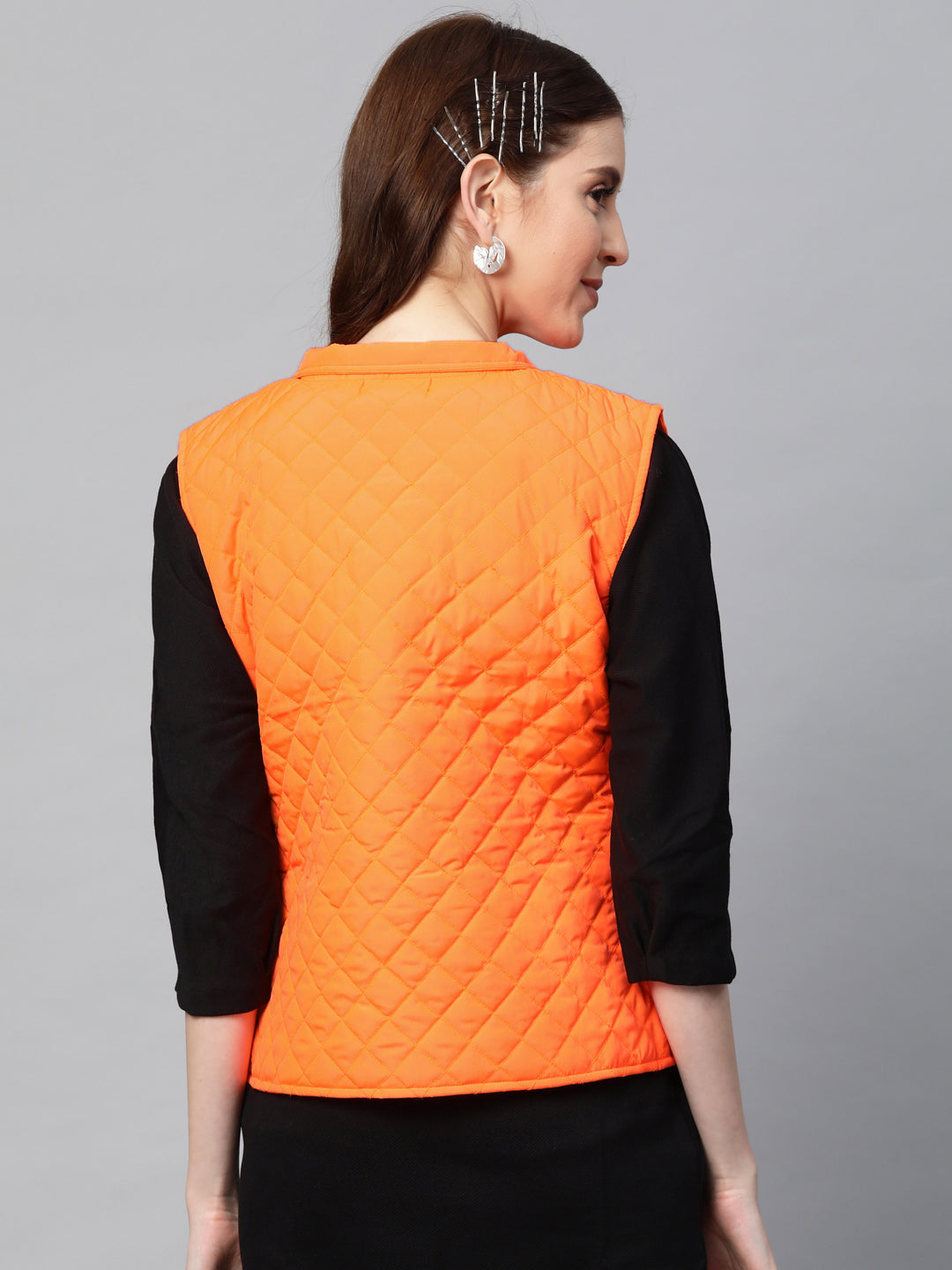 Women Neon Orange Sleeveless Puffer Jacket