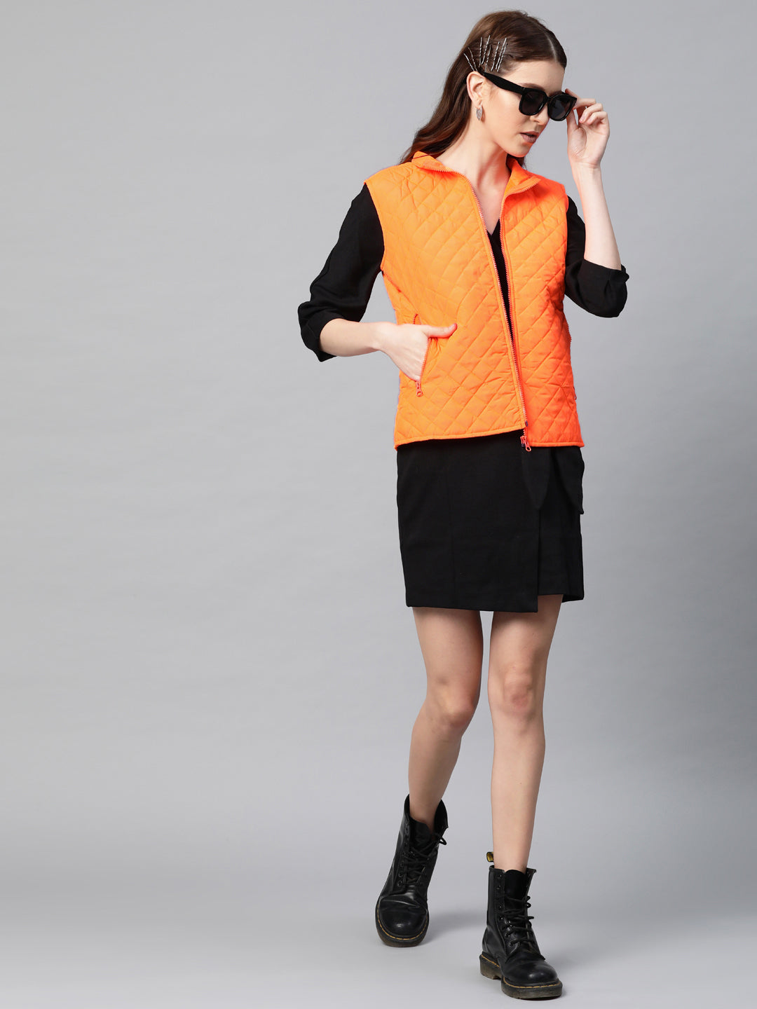 Women Neon Orange Sleeveless Puffer Jacket
