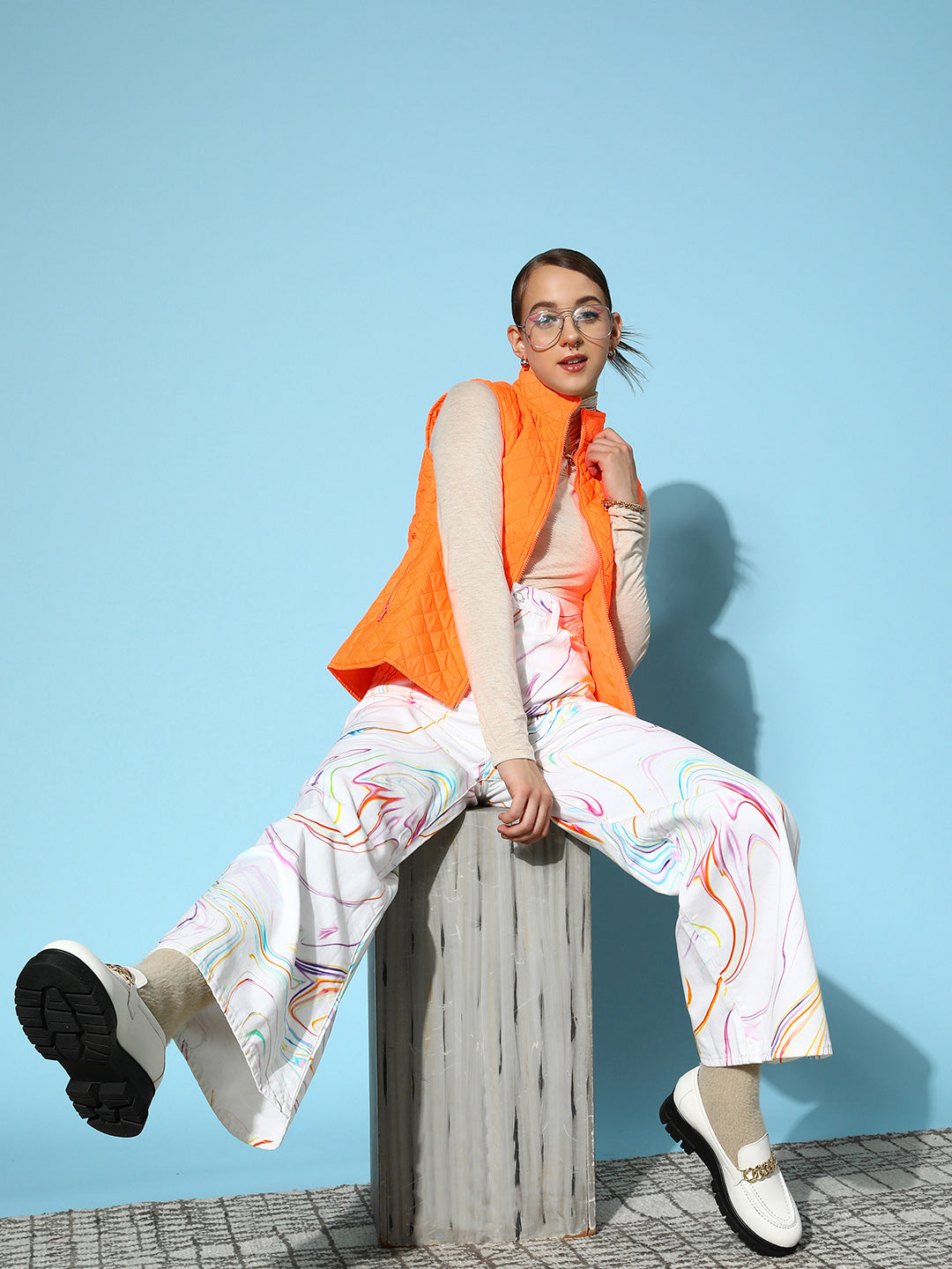 Neon Orange Sleeveless Quilted Puffer Jacket-SASSAFRAS