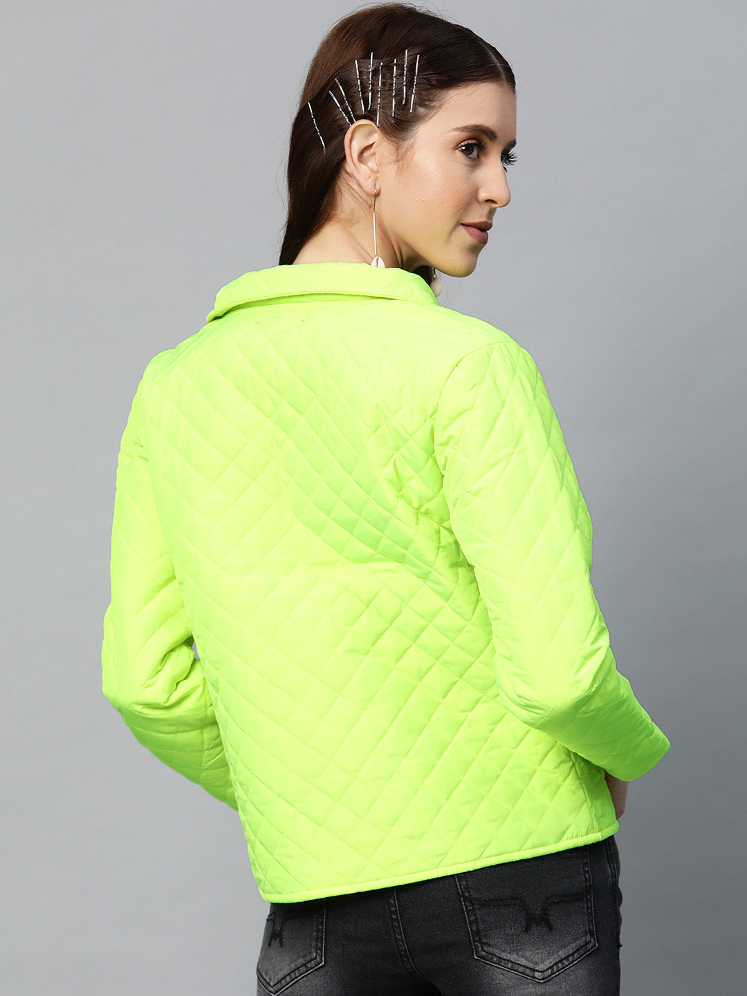 Women Neon Green Quilted Jacket