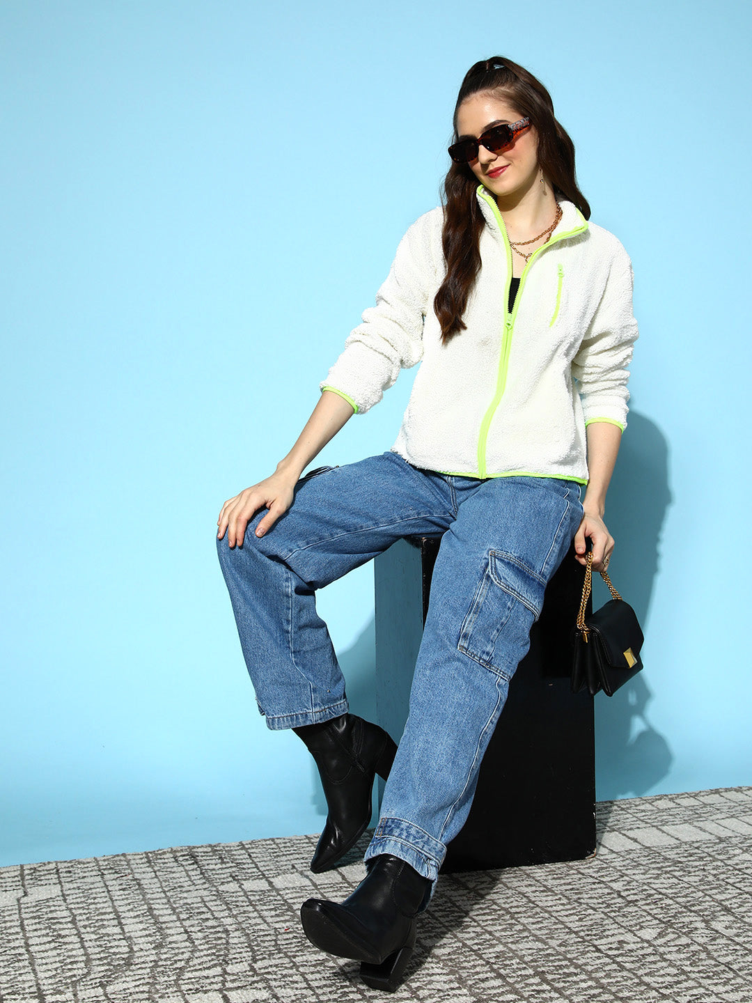 White Faux Fur Contrast Piping Jacket-SASSAFRAS