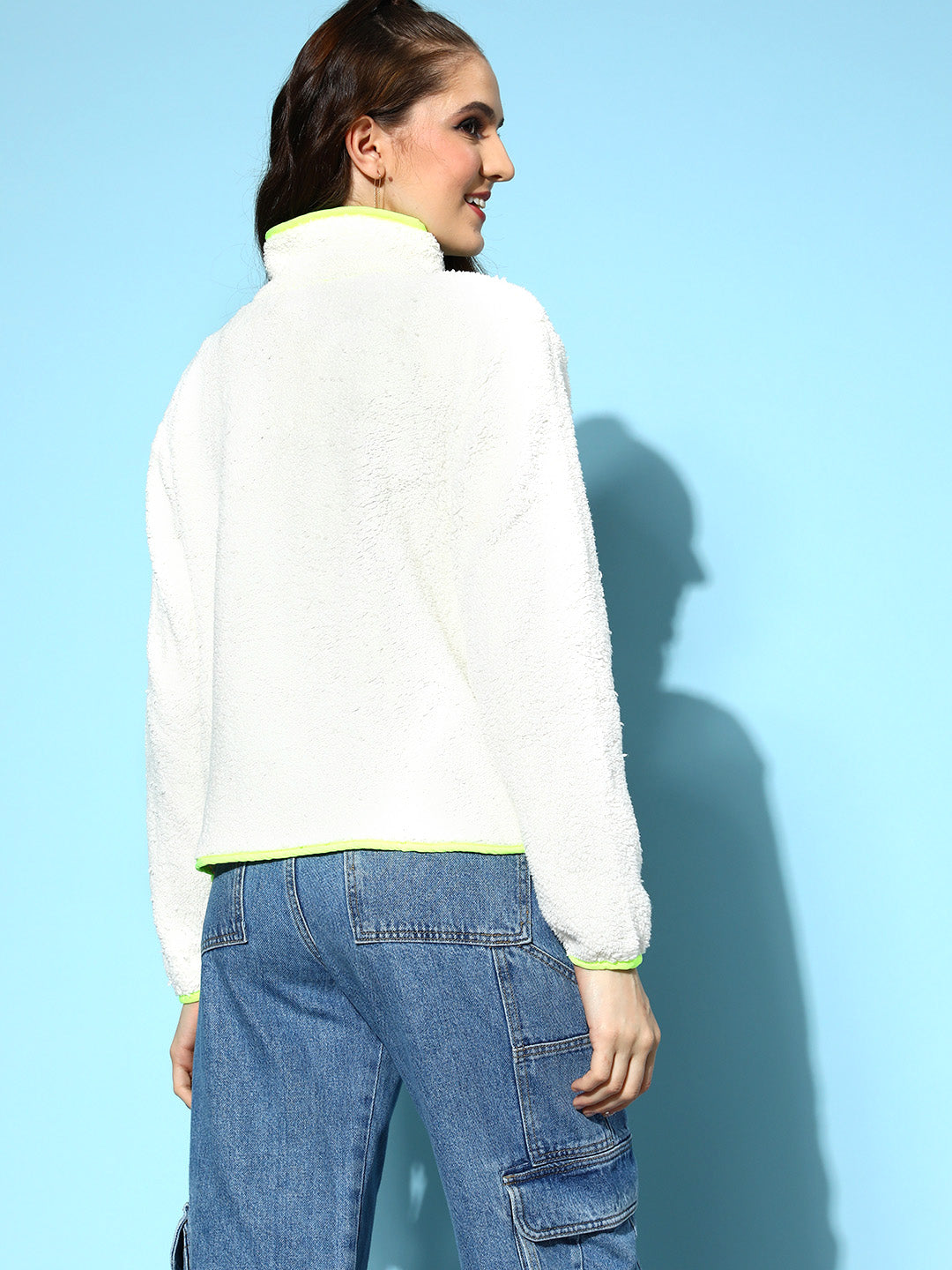White Faux Fur Contrast Piping Jacket-SASSAFRAS