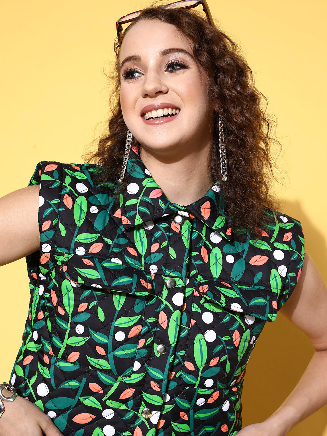 Green & Black Tropical Sleeveless Crop Jacket-SASSAFRAS