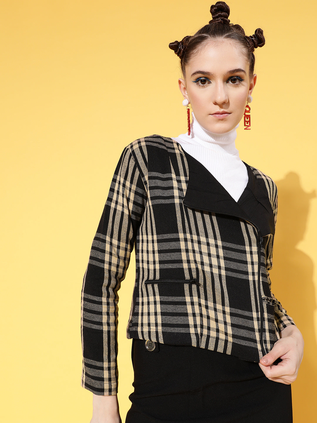 Brown Flannel Check Biker Jacket-SASSAFRAS