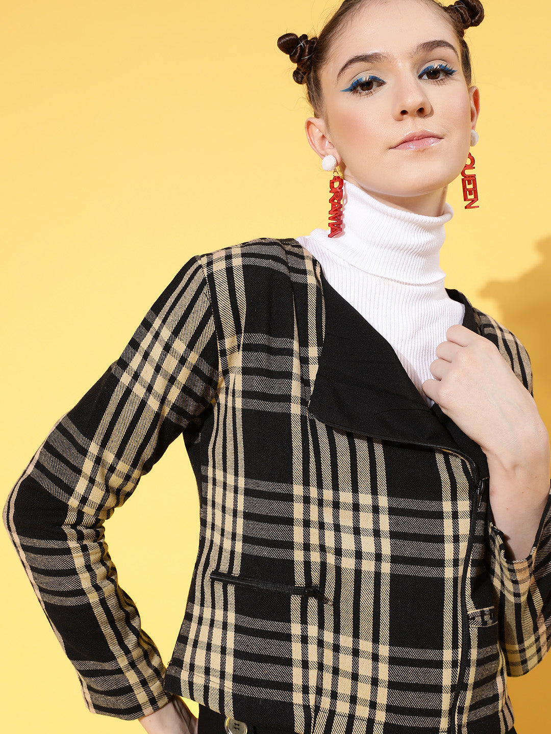 Brown Flannel Check Biker Jacket-SASSAFRAS