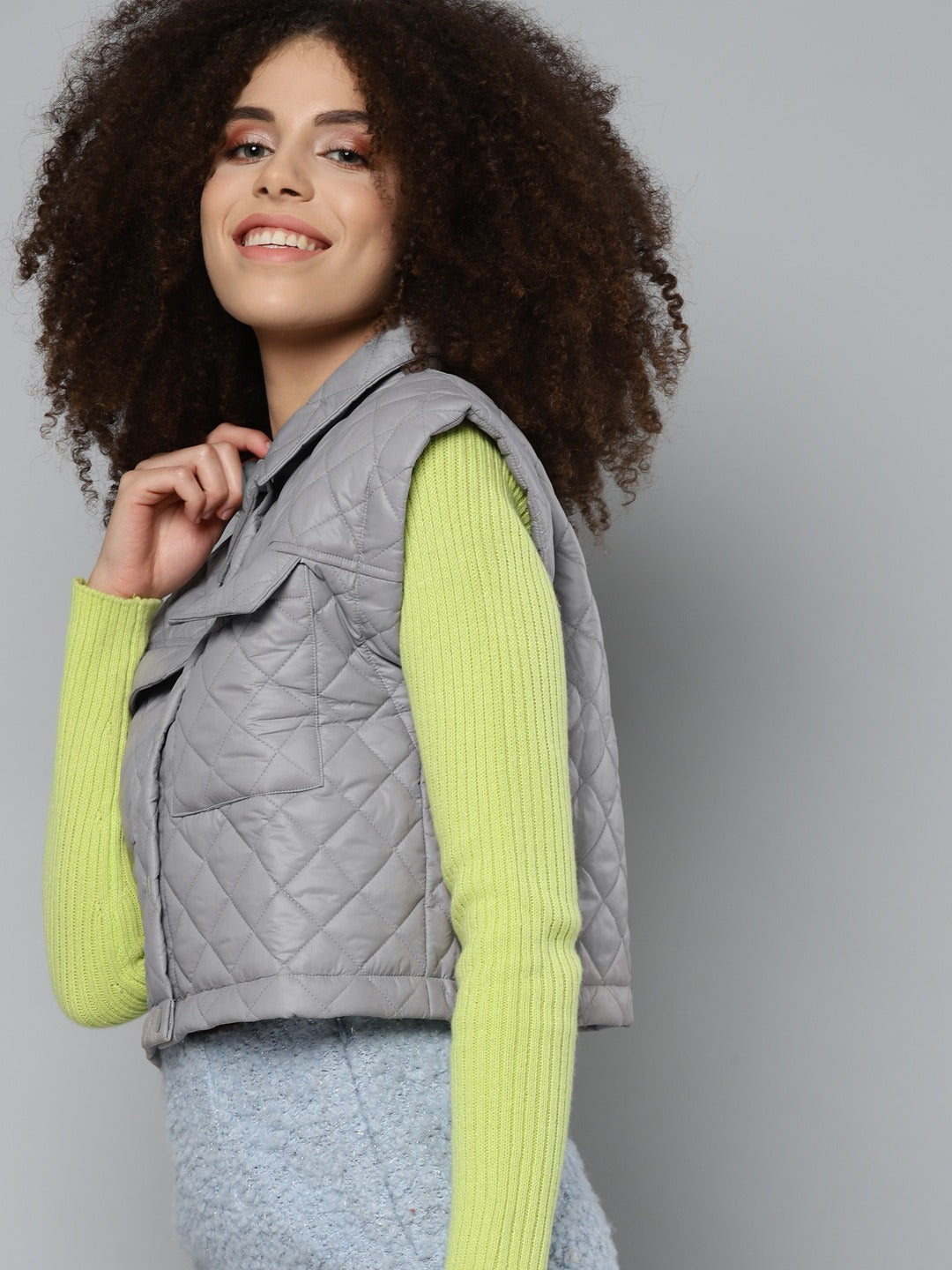Women Grey Sleeveless Crop Jacket