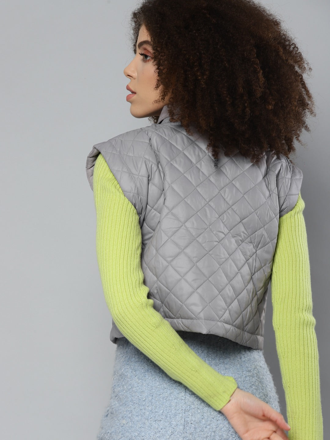 Women Grey Sleeveless Crop Jacket