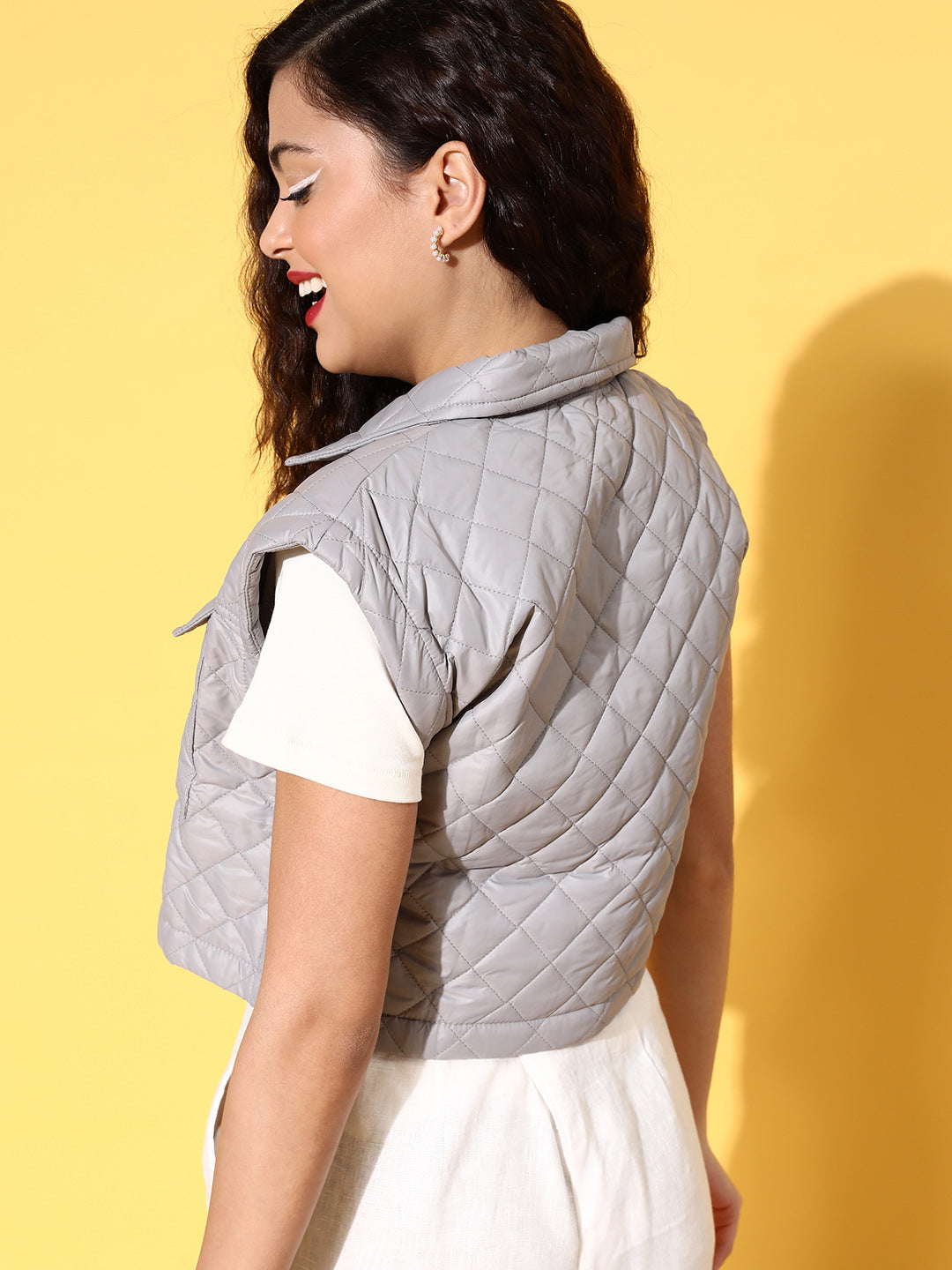 Grey Sleeveless Quilted Crop Jacket -SASSAFRAS
