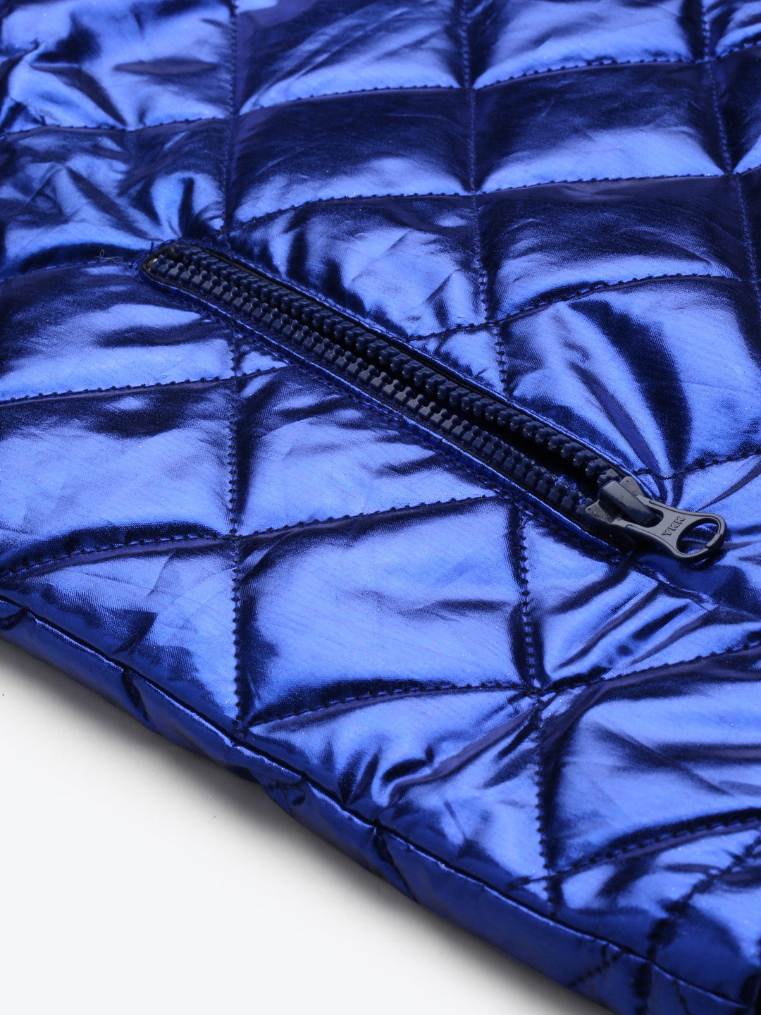 Women Blue Metallic Sleeveless Puffer Jacket